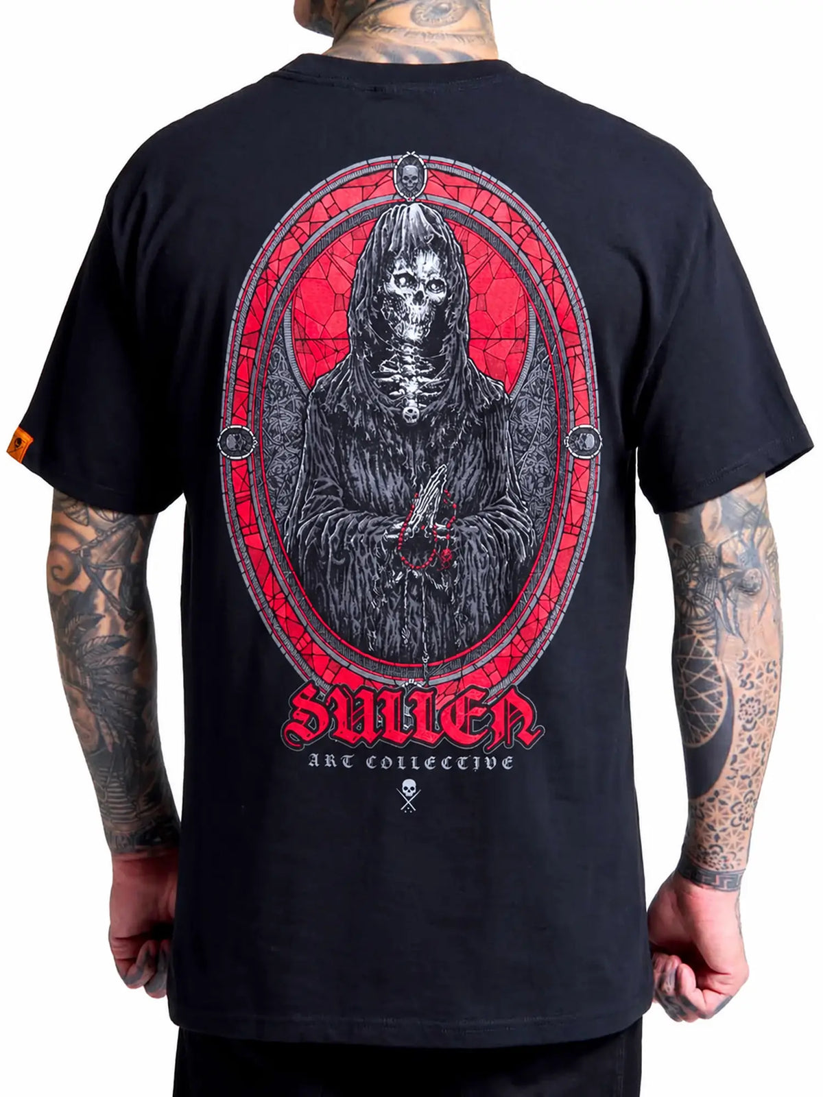 Back view of the Sullen Divine Reaper black T-shirt with centered stained-glass grim reaper artwork