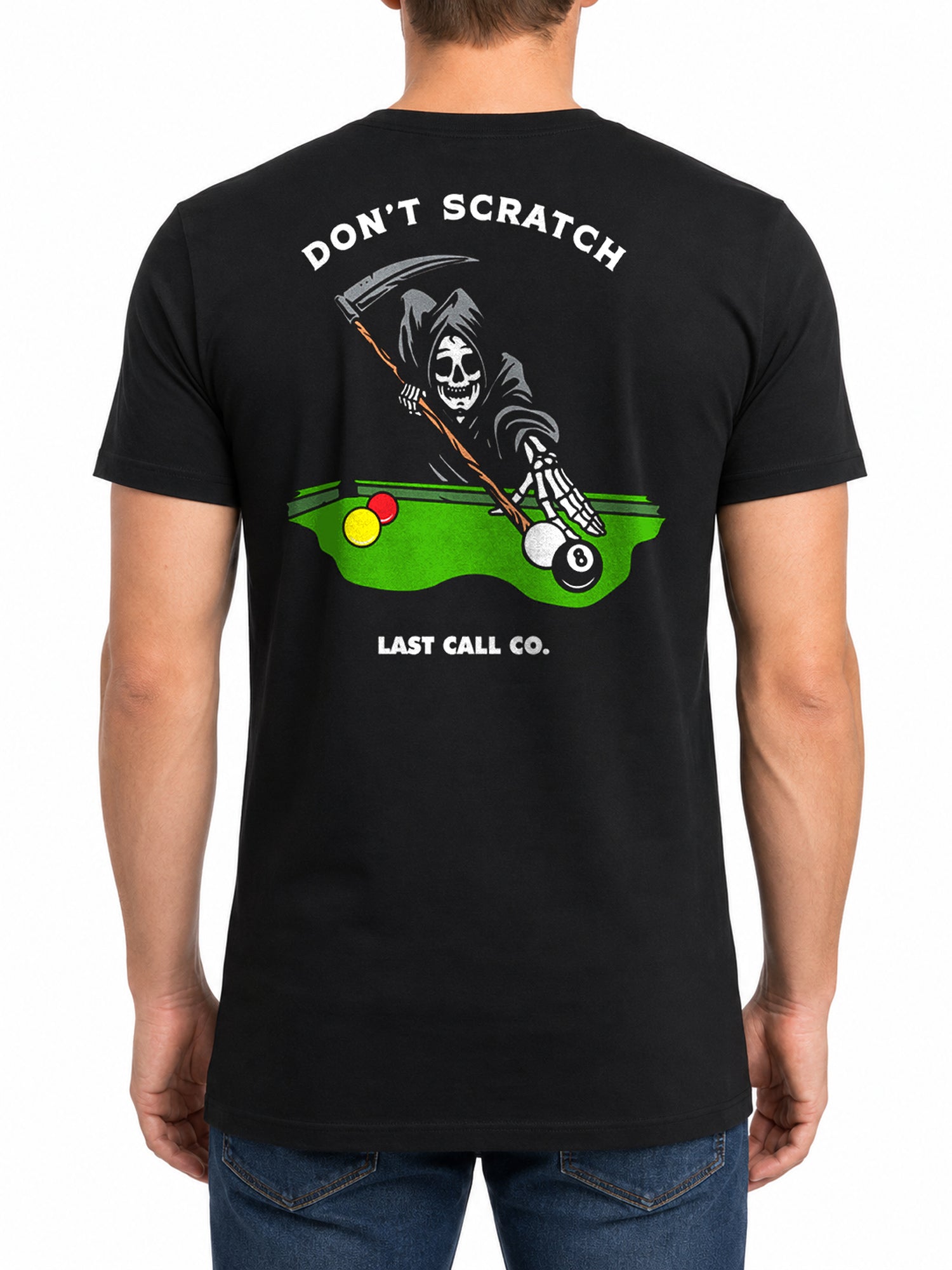 Last Call Co Don't Scratch Graphic T-Shirt Black featuring Grim Reaper playing pool back graphic with front chest logo