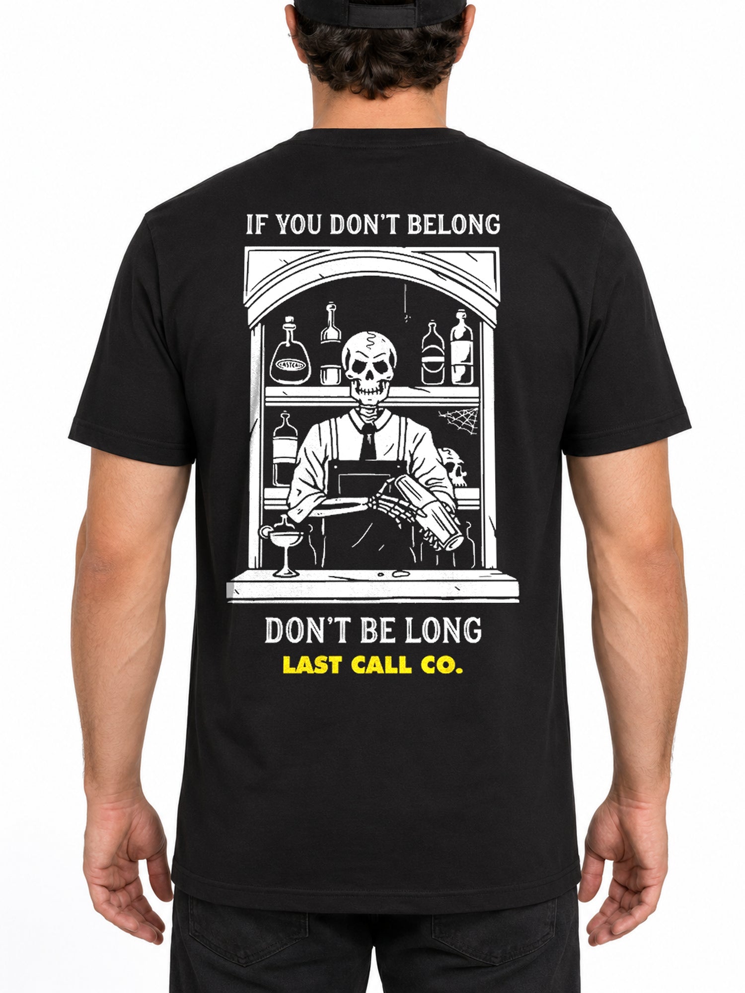 Last Call Co Don't Be Long Graphic T-Shirt Black featuring skeleton bartender back graphic with front chest logo