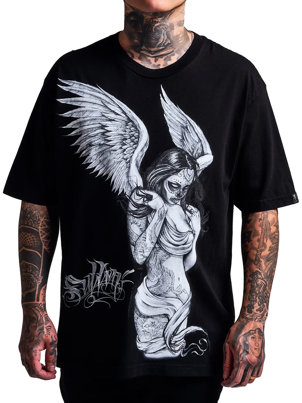 Tattooed model wearing the Sullen Fallen Angel 1 Ton T-shirt in Jet Black, front view