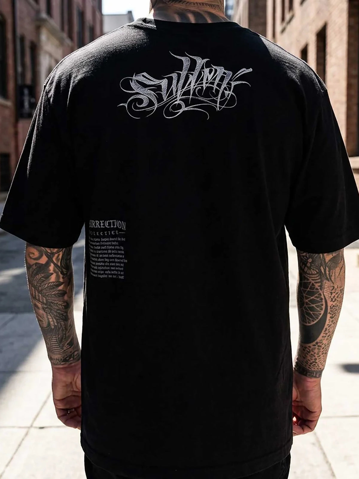 Back view of Sullen Fallen Angel 1 Ton T-shirt showing script logo and Resurrection Collection side print