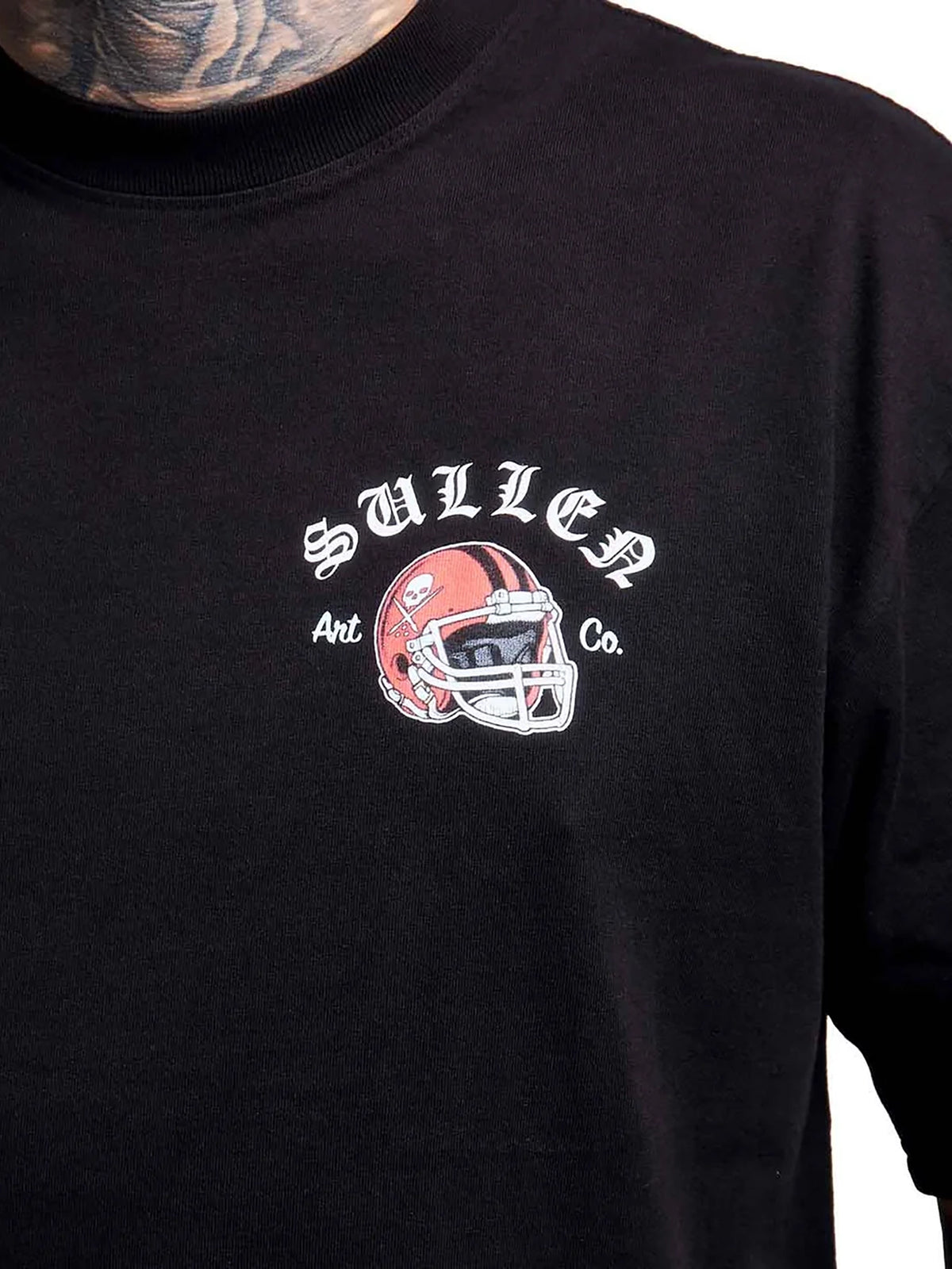Close-up of the football helmet chest graphic on the Sullen Fantasy Football T-shirt
