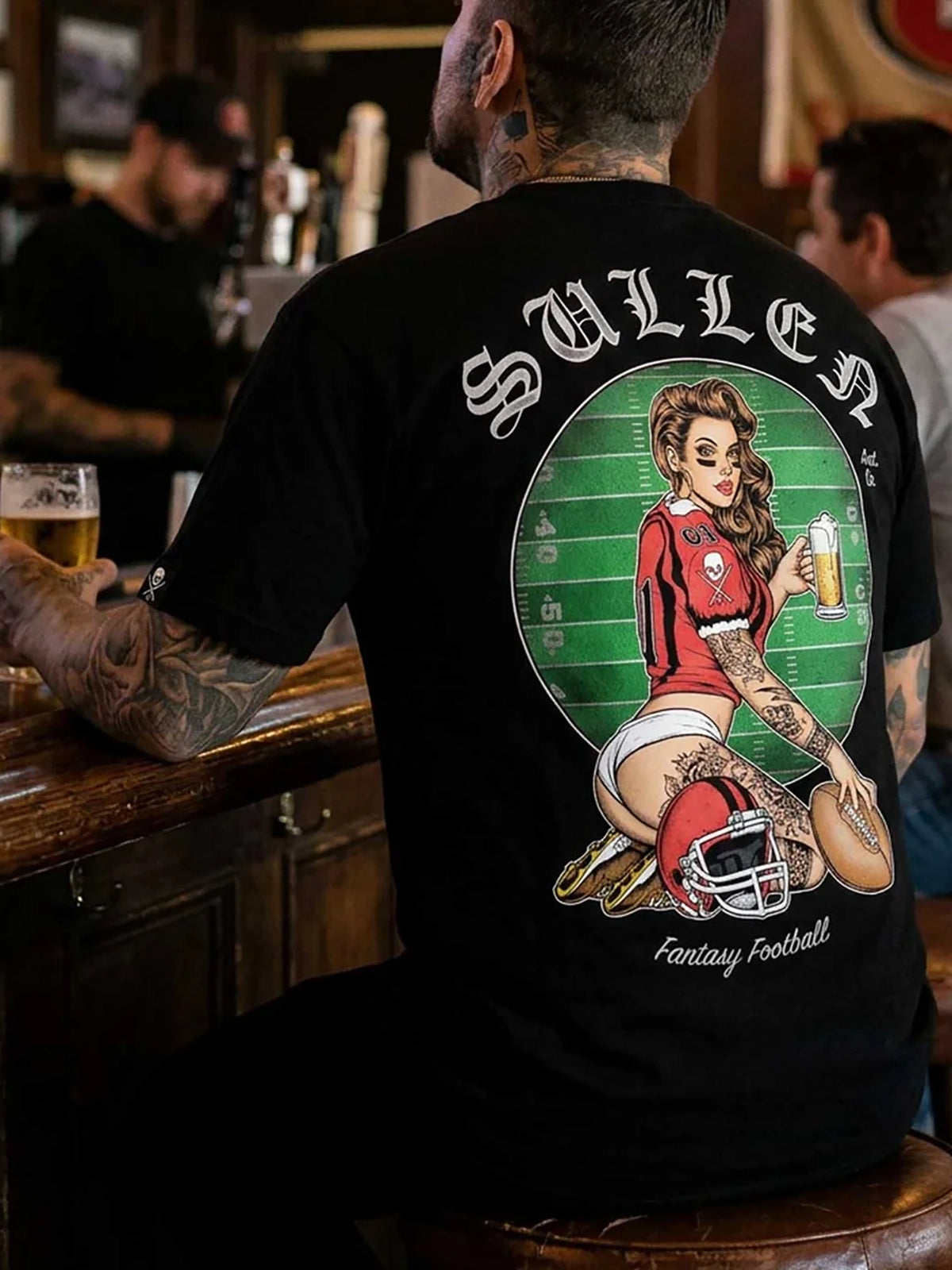 Model wearing the back of the Sullen Fantasy Football 1 Ton T-shirt at a bar