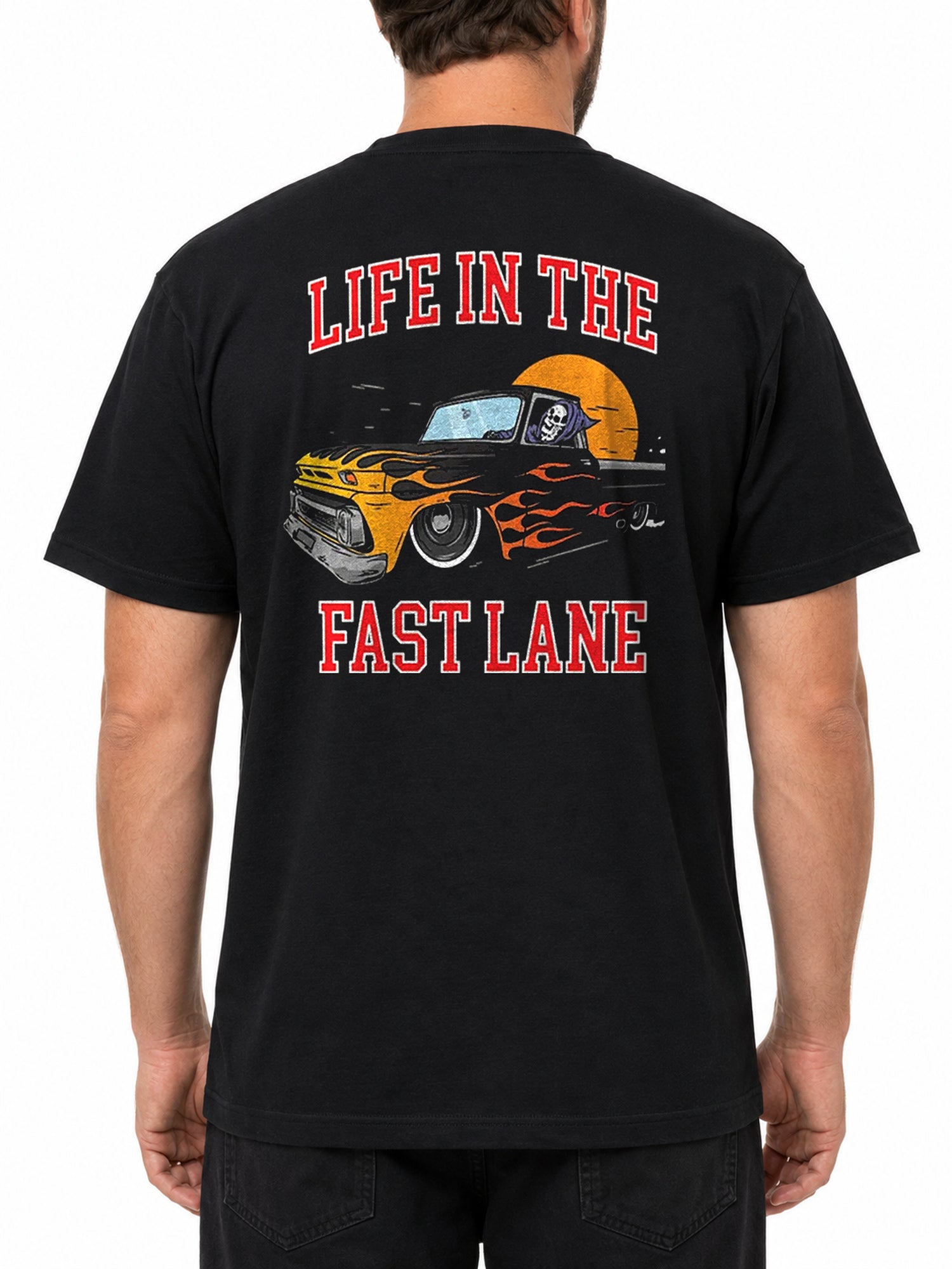 Last Call Co Fast Lane Graphic T-Shirt Black featuring vintage muscle car back graphic with front chest logo
