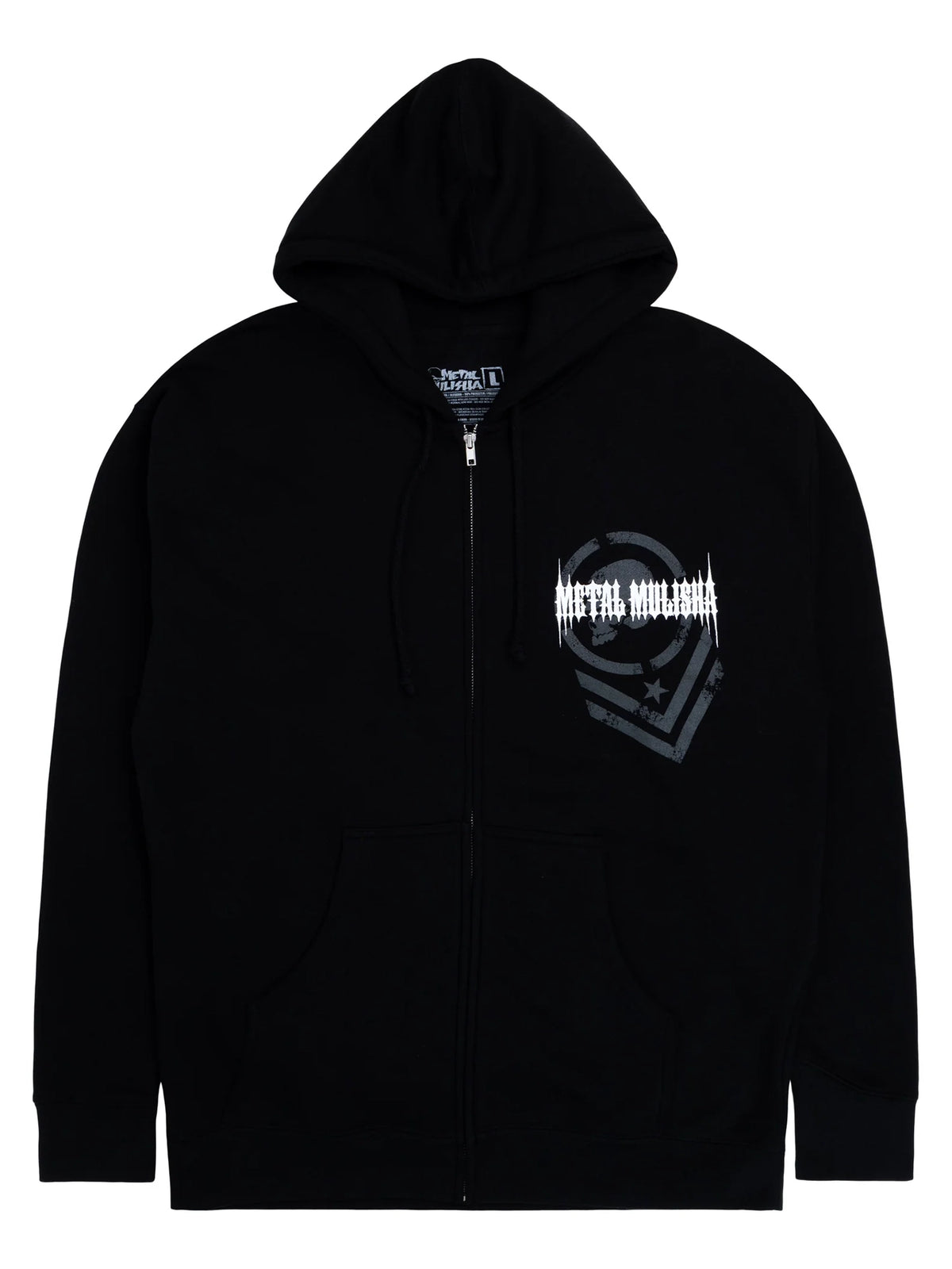 Metal Mulisha Gauntlet black zip hoodie, front view with a small grey shield and white lettering on the left chest
