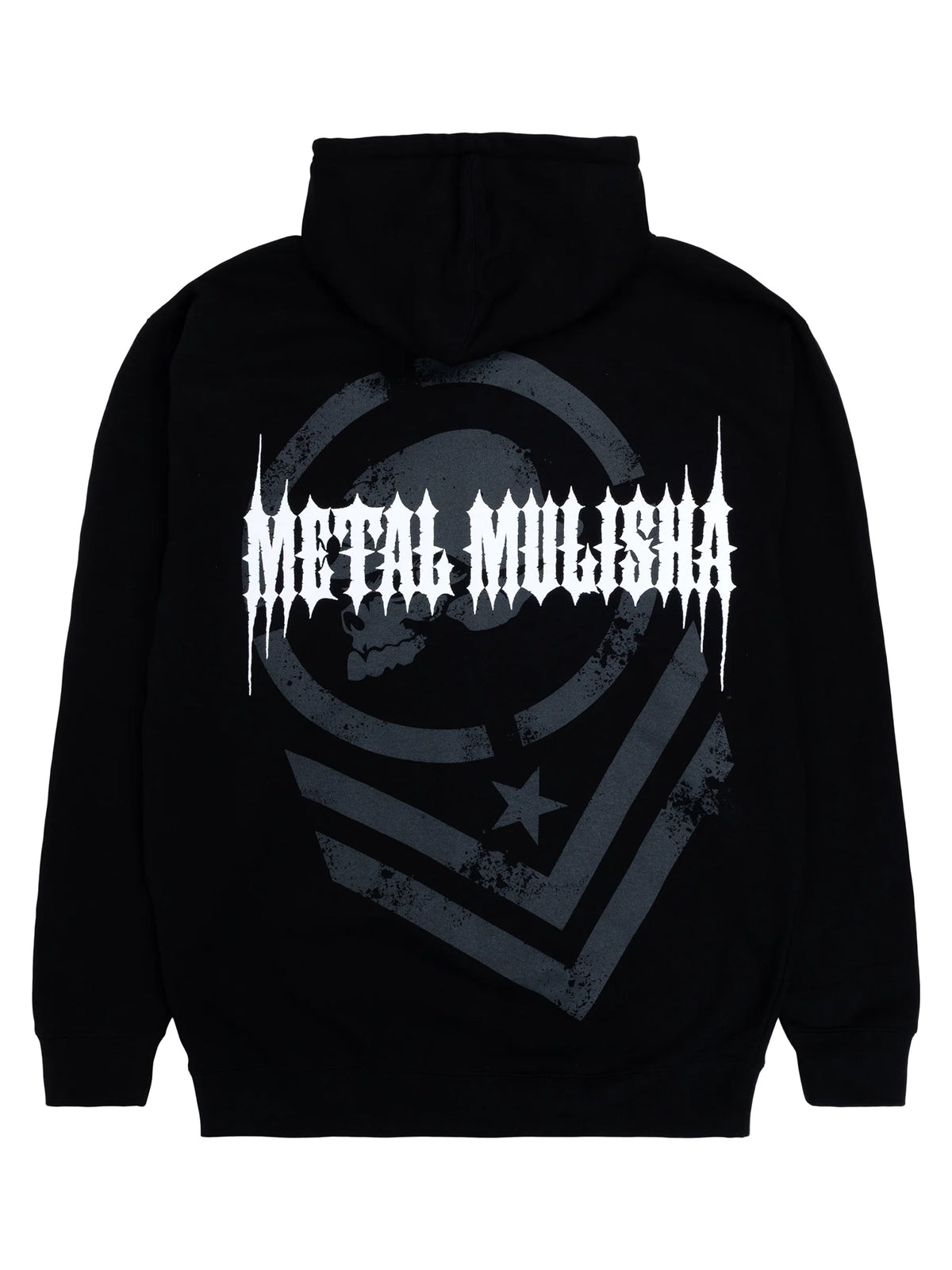 Metal Mulisha Gauntlet black zip hoodie, back view with a large grey shield, helmet skull and white Metal Mulisha lettering
