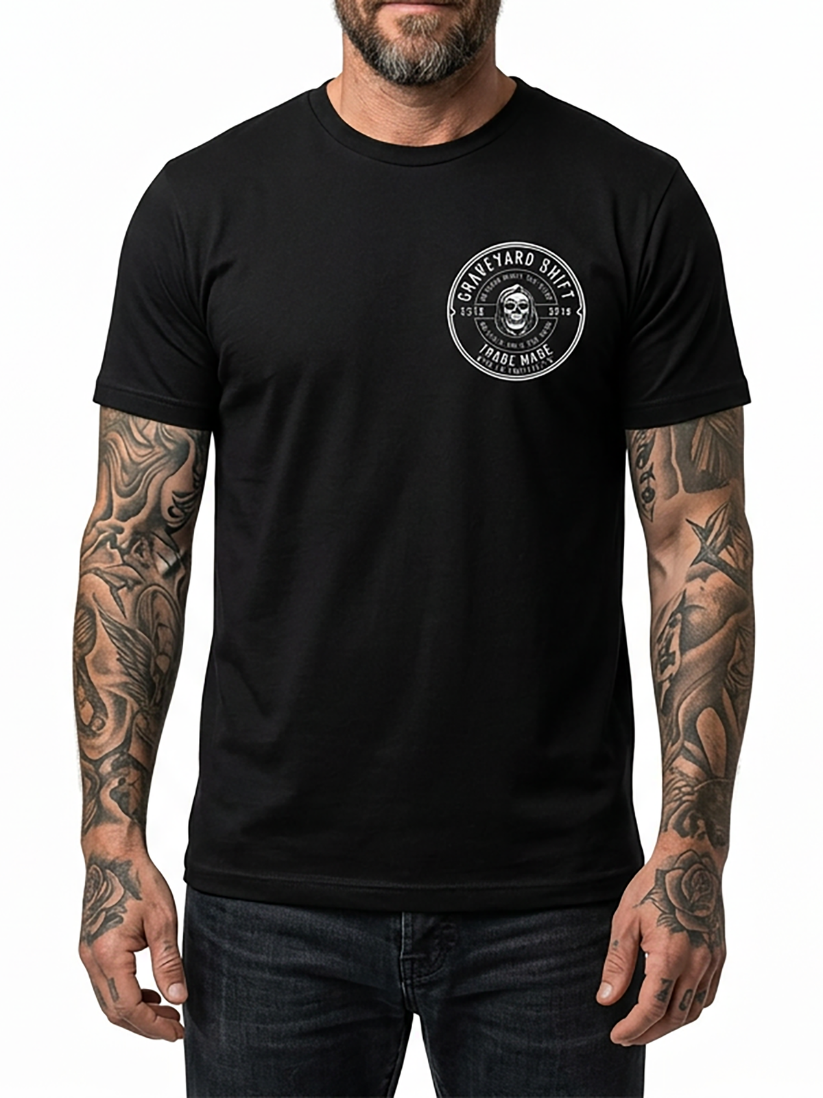 Last Call Co Graveyard Shift Trademade Graphic T-Shirt Black on-model front view showing the chest graphic