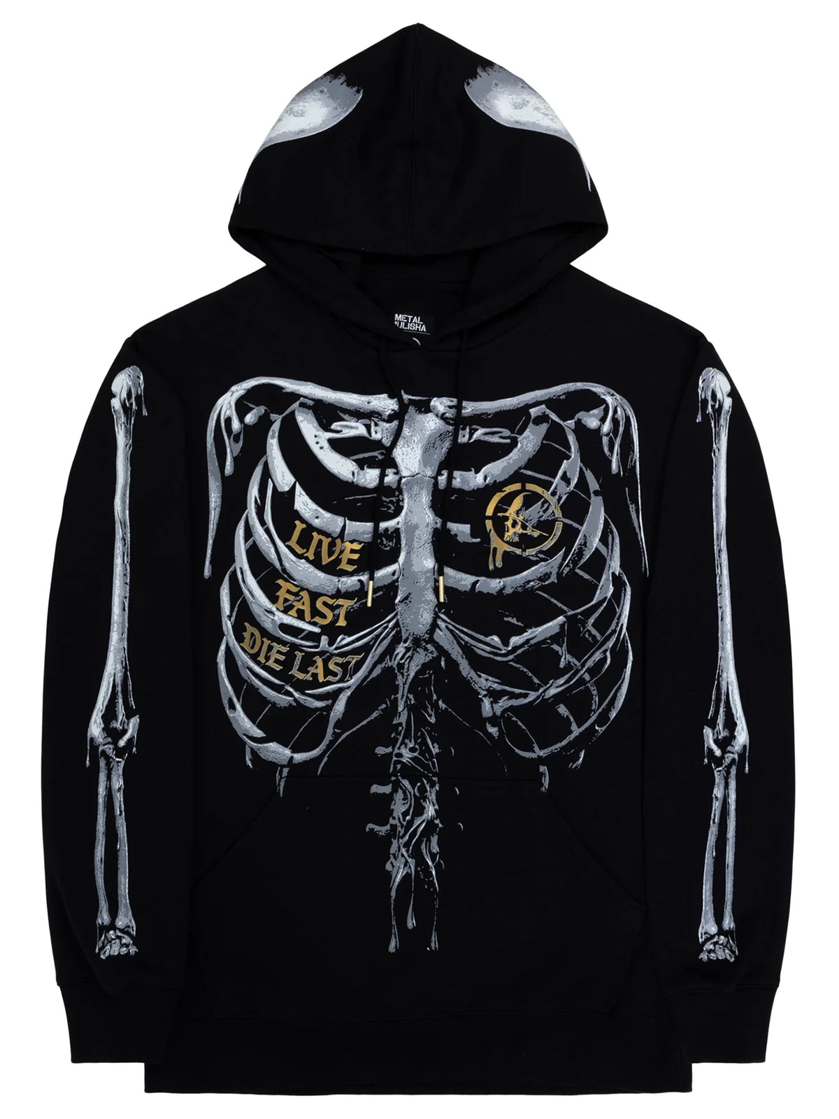 Metal Mulisha Grim black hoodie, hood-lowered front view showing rib-cage artwork, sleeve bones and gold details