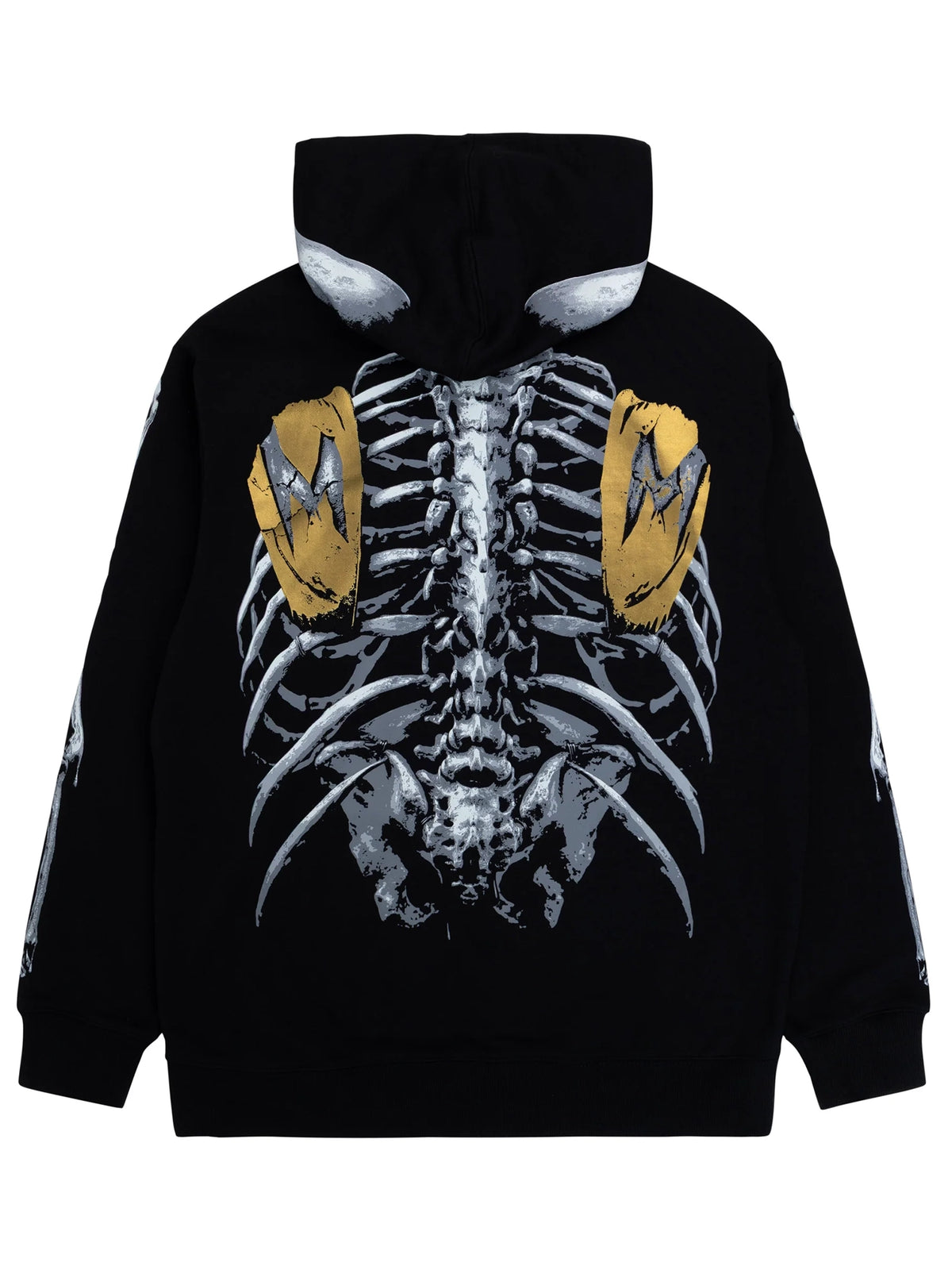 Metal Mulisha Grim black hoodie, hood-lowered back view showing grey spine and ribs with gold shoulder details
