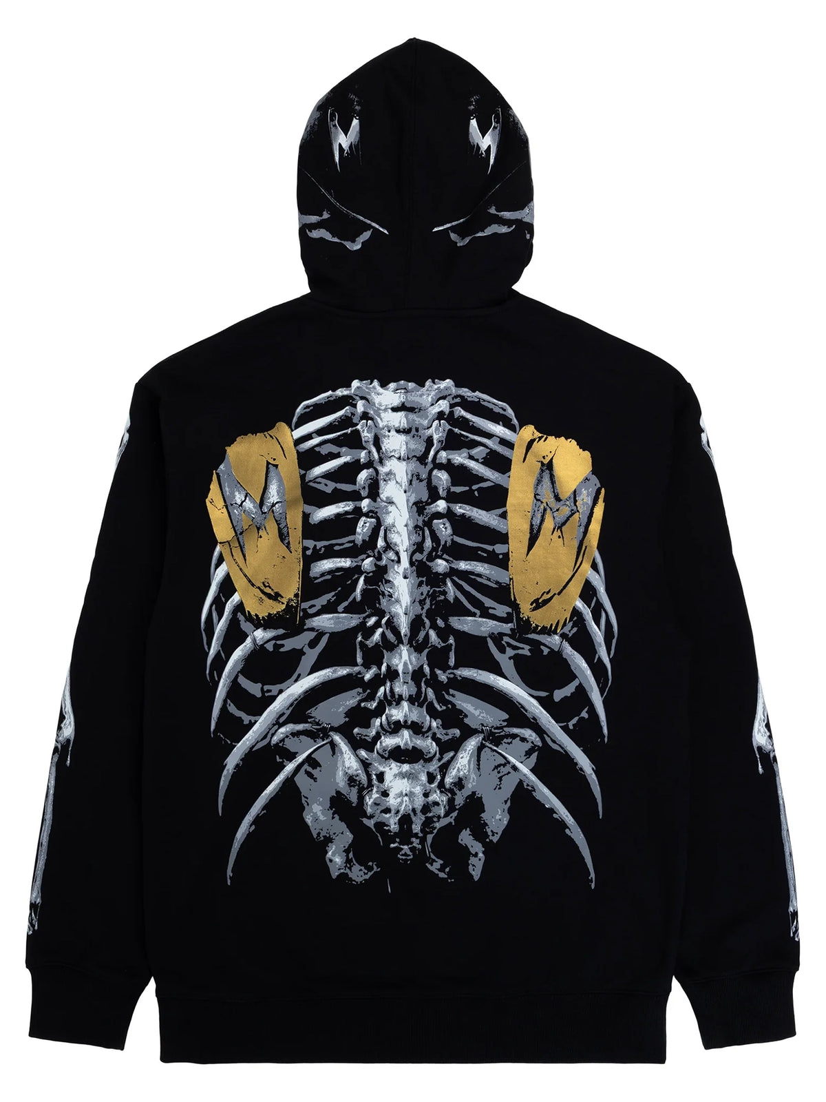 Metal Mulisha Grim black hoodie, hood-up back view with grey spine and rib artwork and gold shoulder details