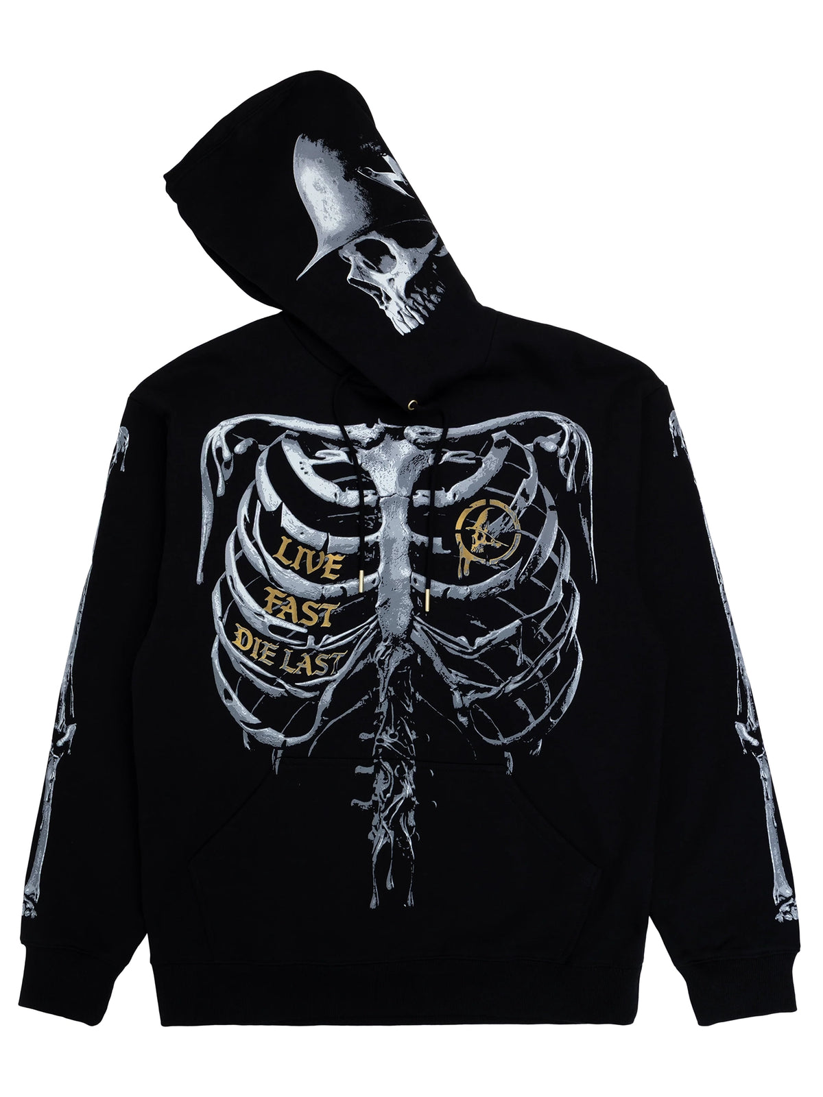 Metal Mulisha Grim black hoodie, front view with the hood tilted left to show skull artwork beside the rib-cage graphic