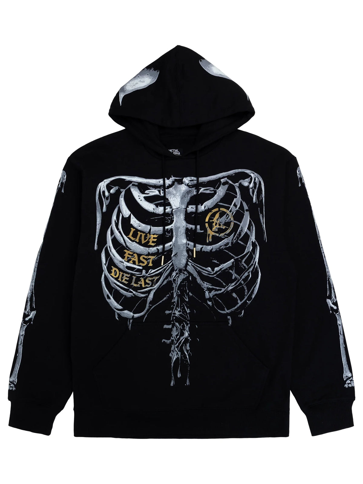 Metal Mulisha Grim black hoodie, hood-up front view with grey skeleton ribs, gold accents and Live Fast Die Last lettering