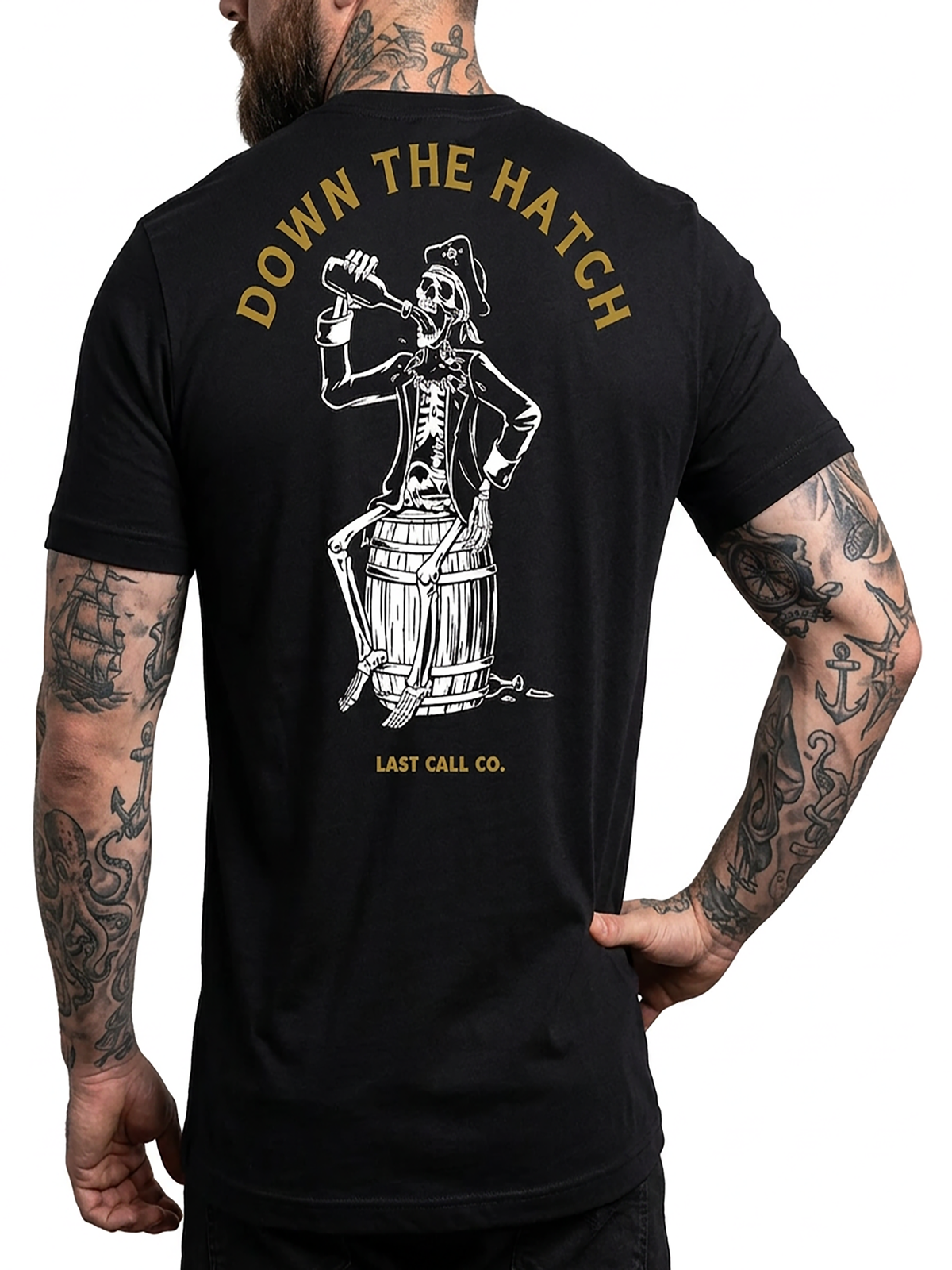 Last Call Co Hatch Graphic T-Shirt Black on-model back view featuring rooster and Hatch the Plan back graphic