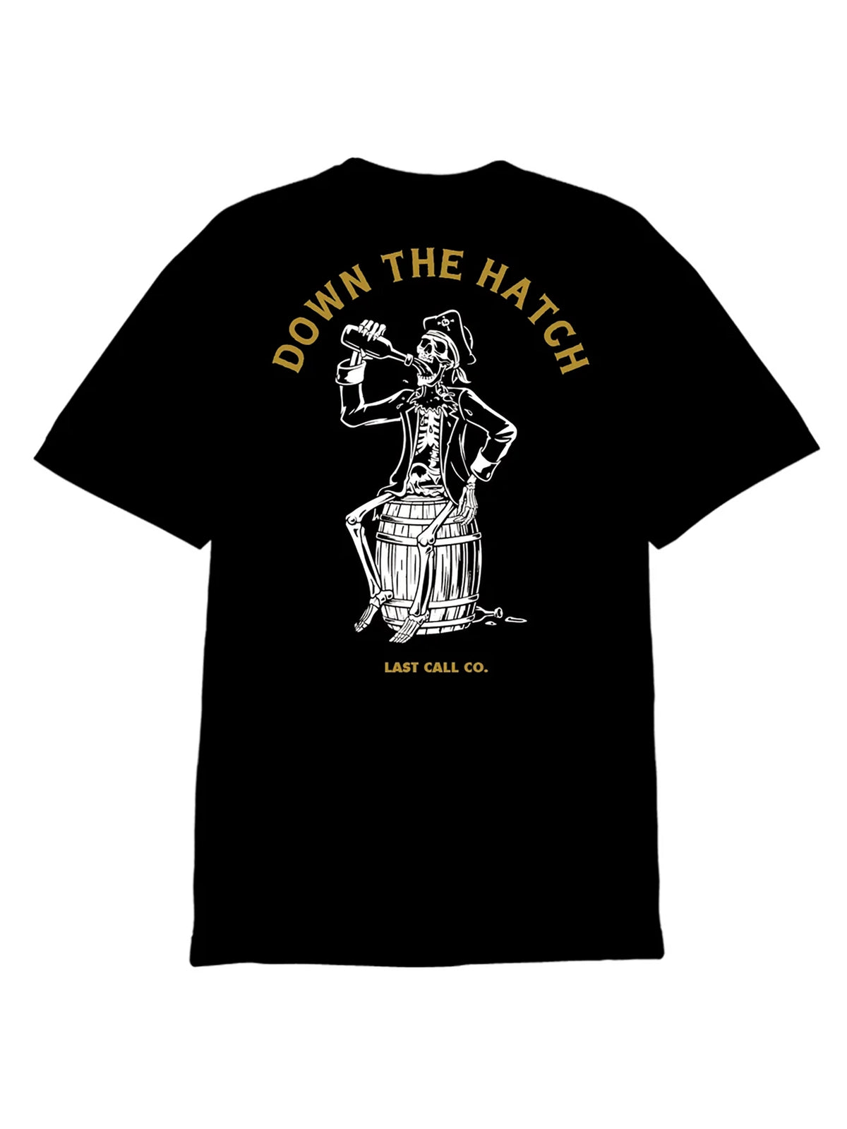 Last Call Co Hatch Graphic T-Shirt Black flat back view featuring rooster and Hatch the Plan artwork
