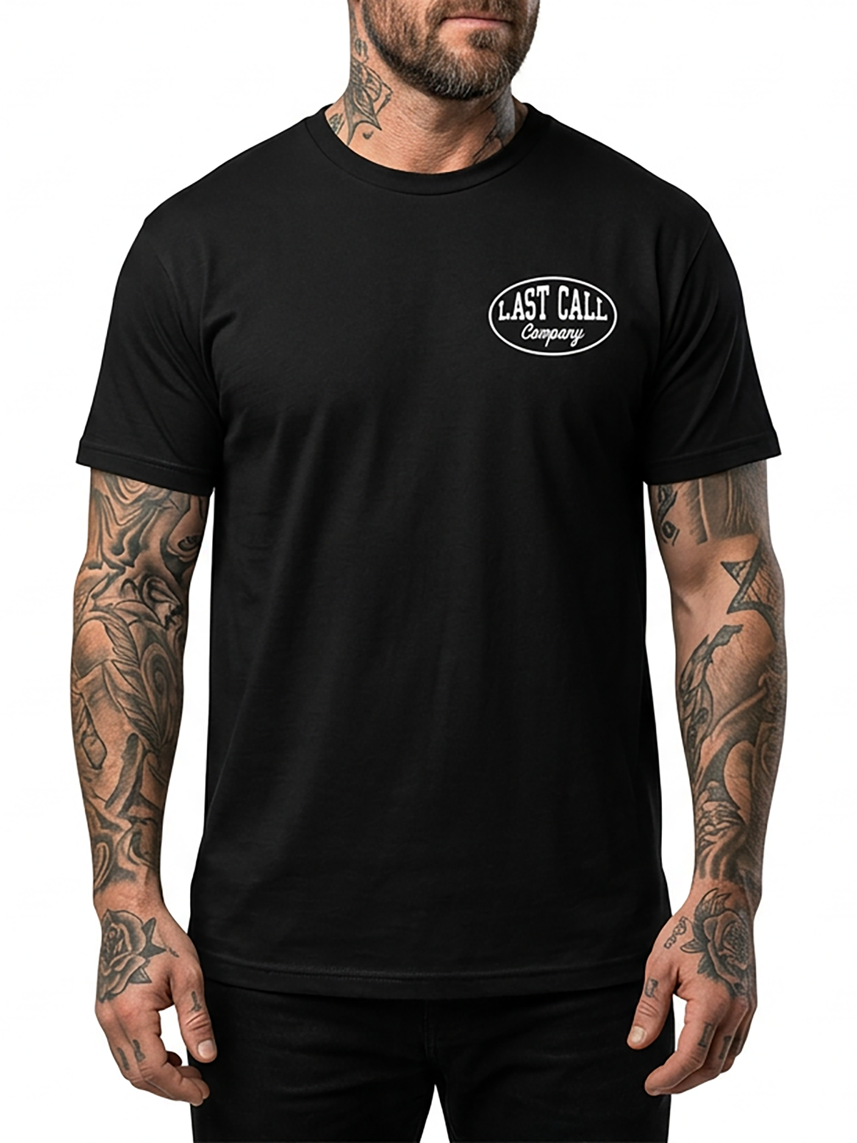Last Call Co Hatch Graphic T-Shirt Black on-model front view showing the chest graphic