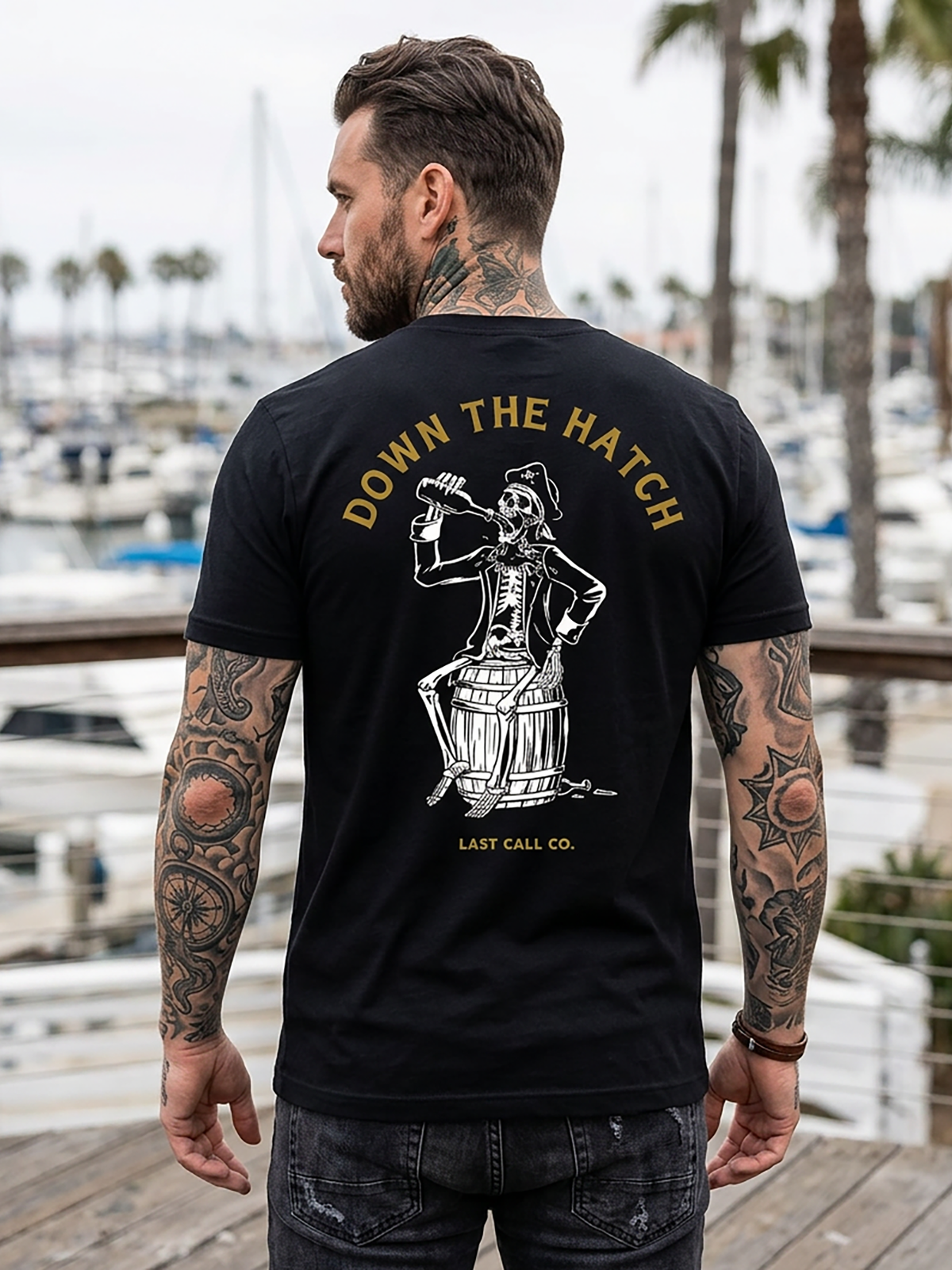 Last Call Co Hatch Graphic T-Shirt Black lifestyle back view featuring rooster and Hatch the Plan back graphic