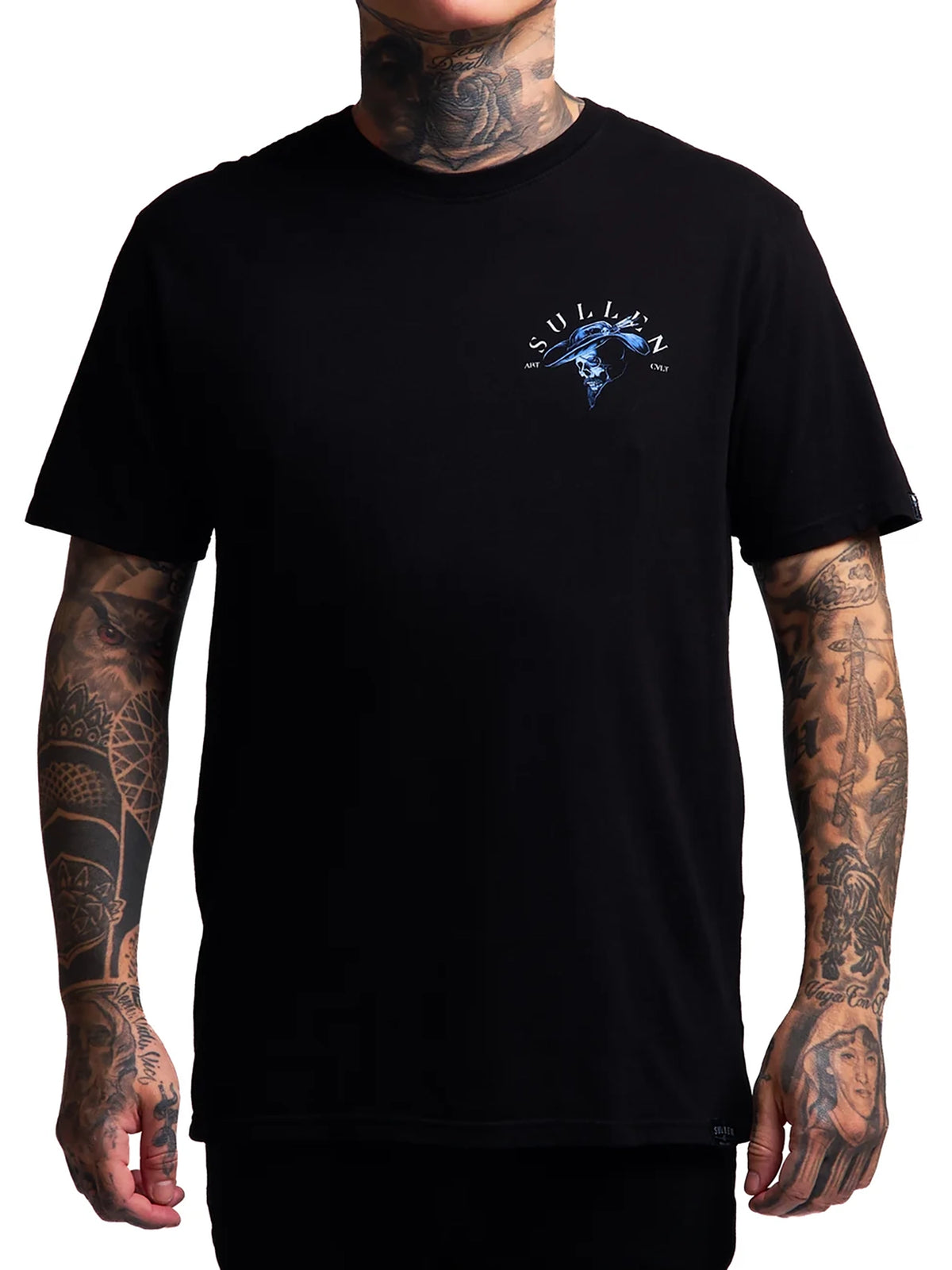 Sullen Heads or Tails Premium T-shirt in Jet Black, front view on model