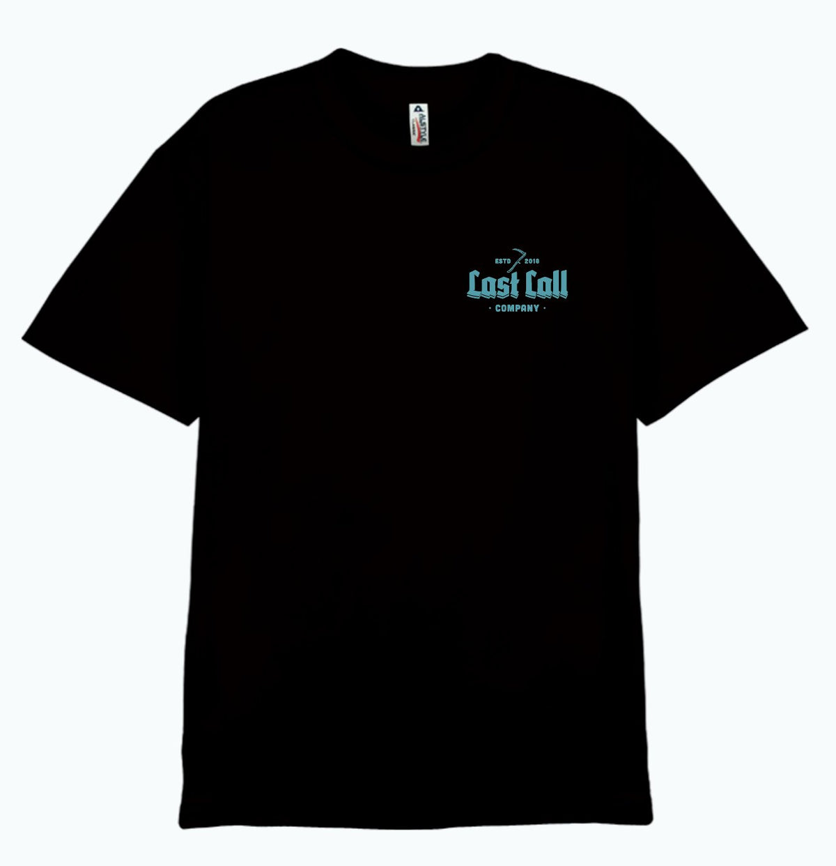 Last Call Co House Graphic T-shirt in Black, front view with white chest logo