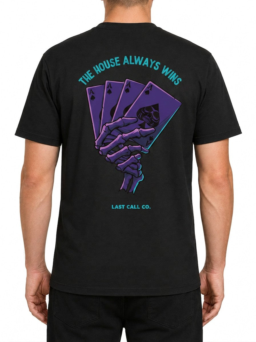 Last Call Co House Graphic T-Shirt Black featuring playing cards graphic with The House Always Wins design and front chest logo