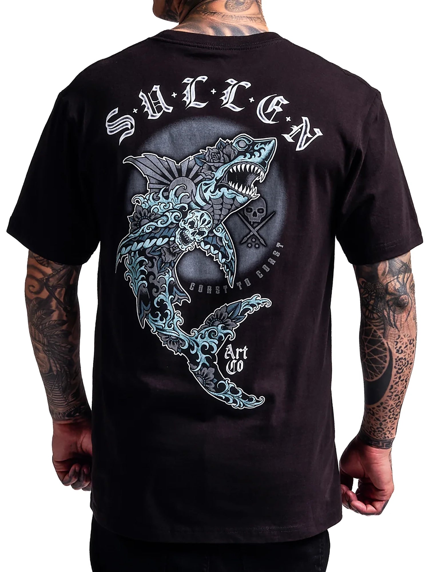 Sullen Infested Waters men's black graphic T-shirt with mechanical shark tattoo artwork