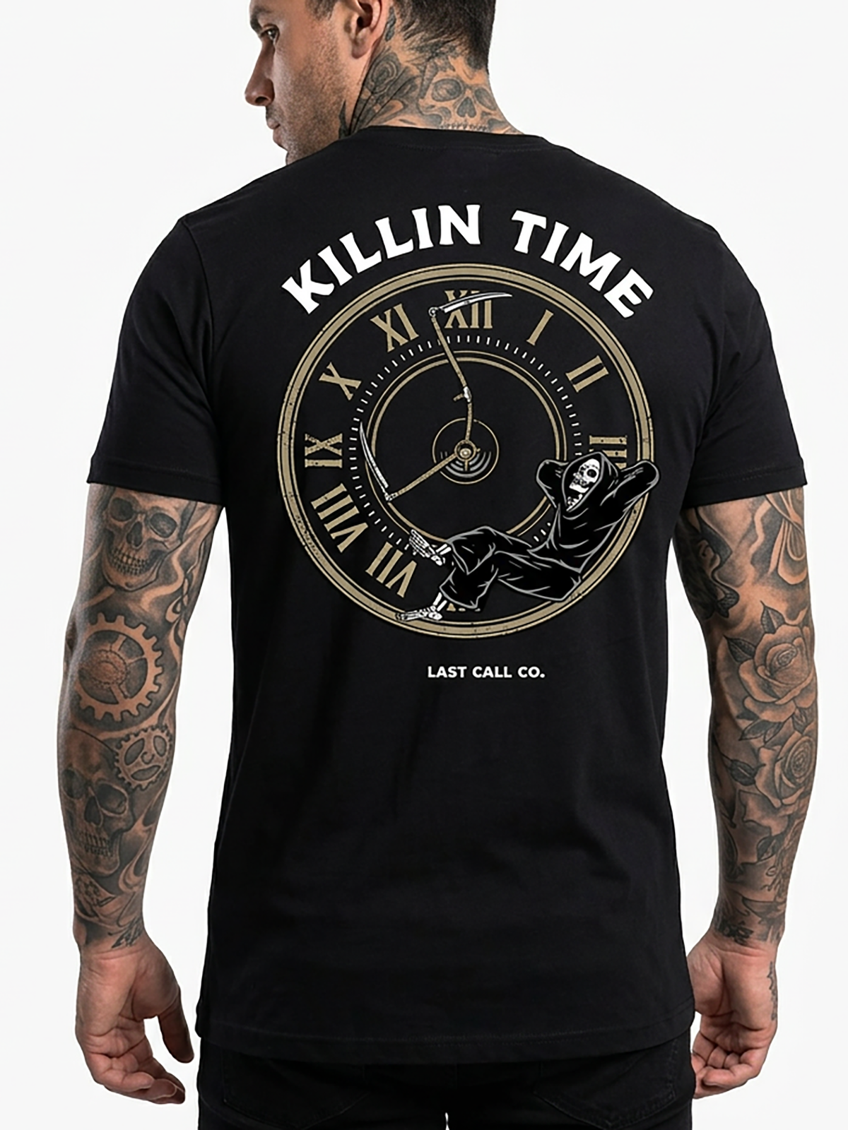Last Call Co Killin' Time Graphic T-Shirt Black on-model back view featuring grim reaper drinking and Killing Time Till Time Kills Me back graphic