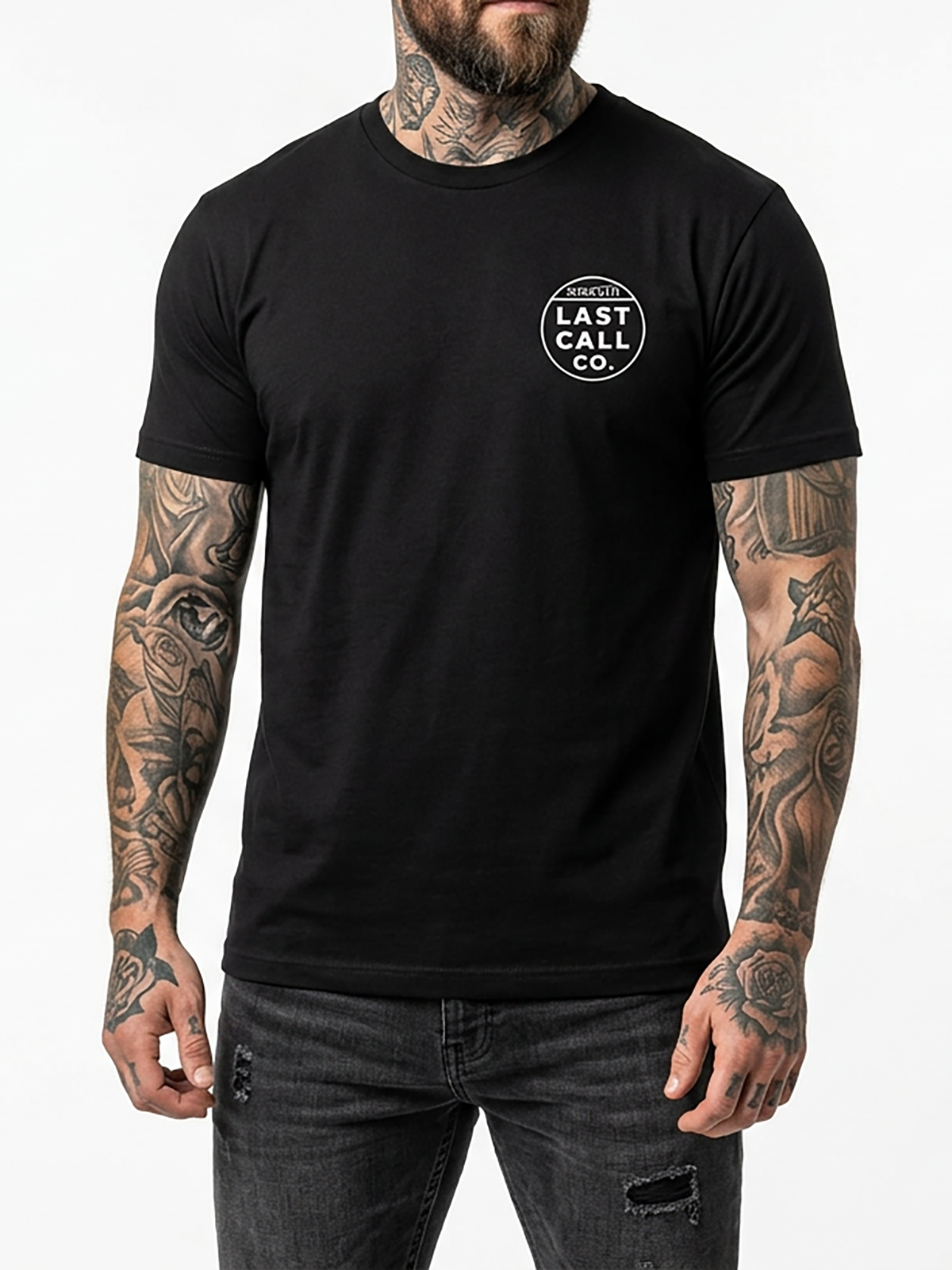 Last Call Co Killin' Time Graphic T-Shirt Black on-model front view showing the chest graphic