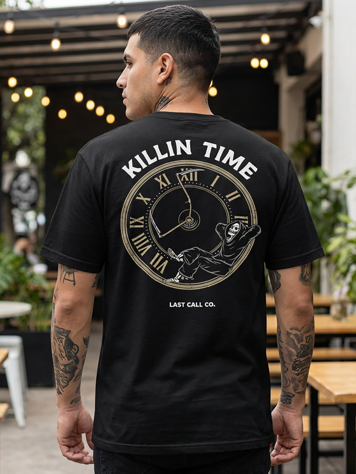 Last Call Co Killin' Time Graphic T-Shirt Black lifestyle back view featuring grim reaper drinking and Killing Time Till Time Kills Me back graphic