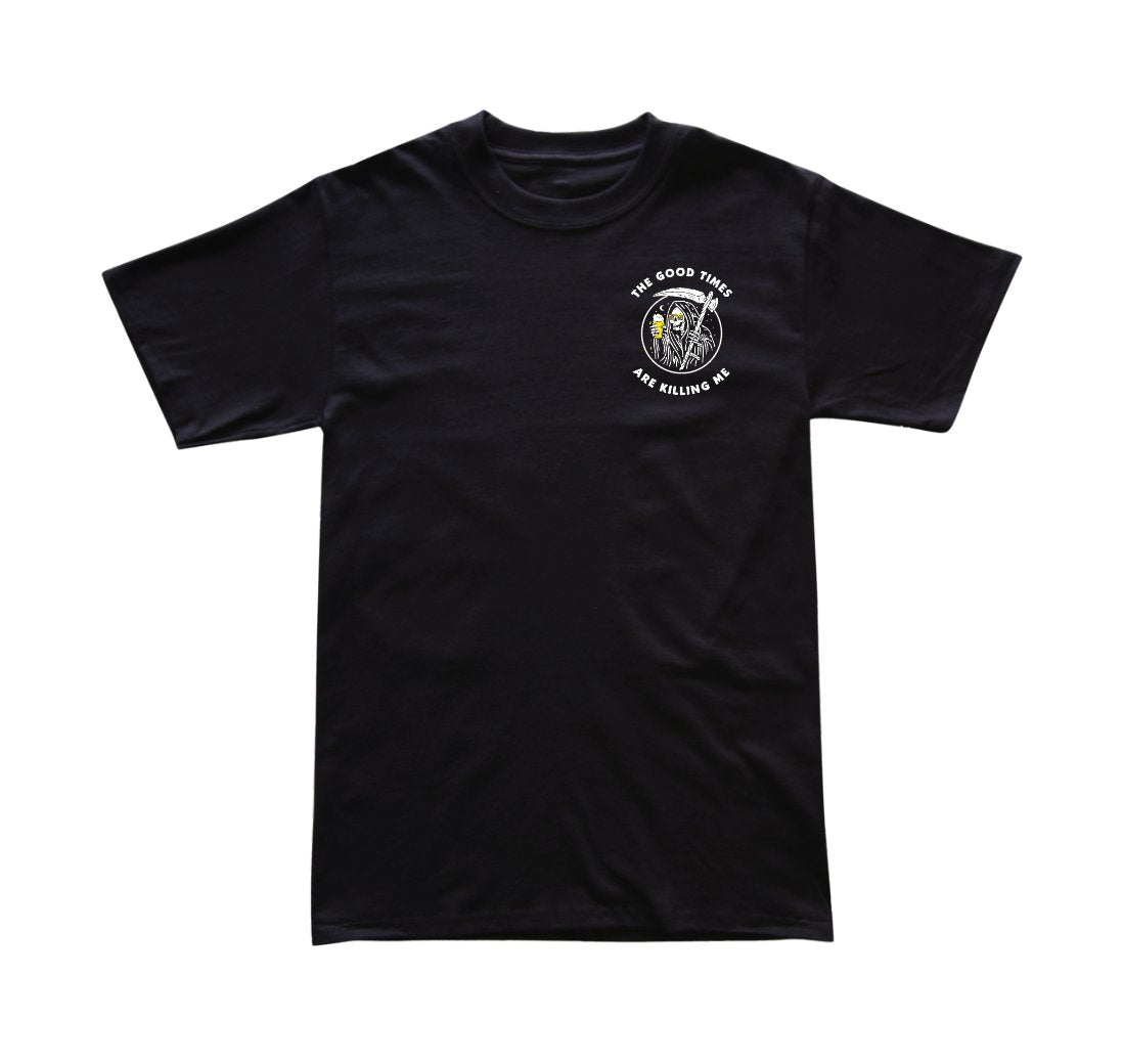 Last Call Co Killing Me Graphic T-shirt in Black, front view with white chest artwork