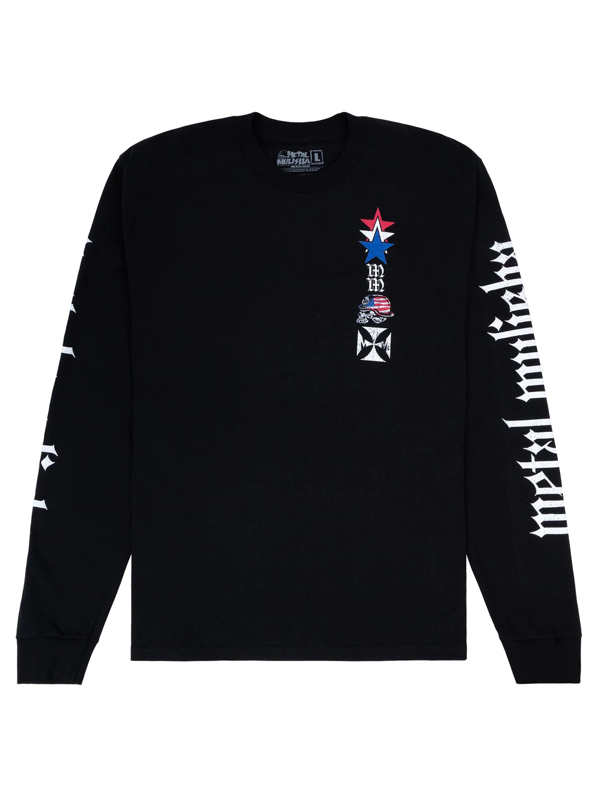 Metal Mulisha Liberty Skull black long sleeve T-shirt, front view with a small patriotic chest graphic and sleeve lettering