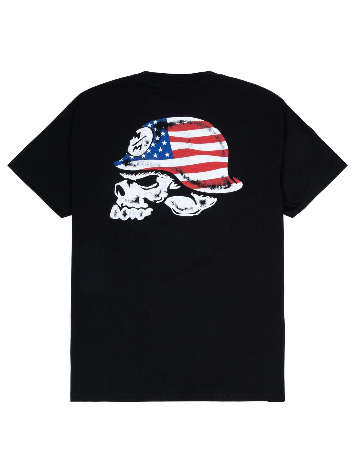 Metal Mulisha Liberty Skull T-shirt in black, back view with a helmet skull in red, white and blue American flag artwork