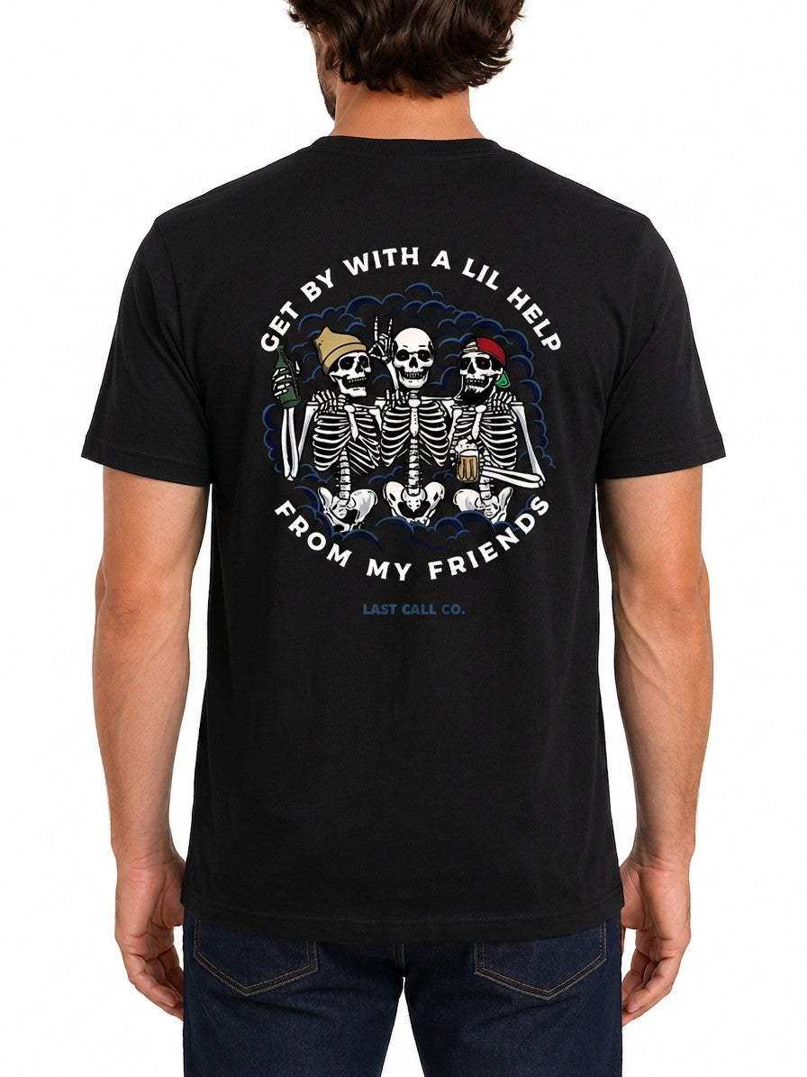 Last Call Co Lil Help Graphic T-Shirt Black featuring skeleton friends back graphic with Get By With A Lil Help From My Friends design and front chest logo