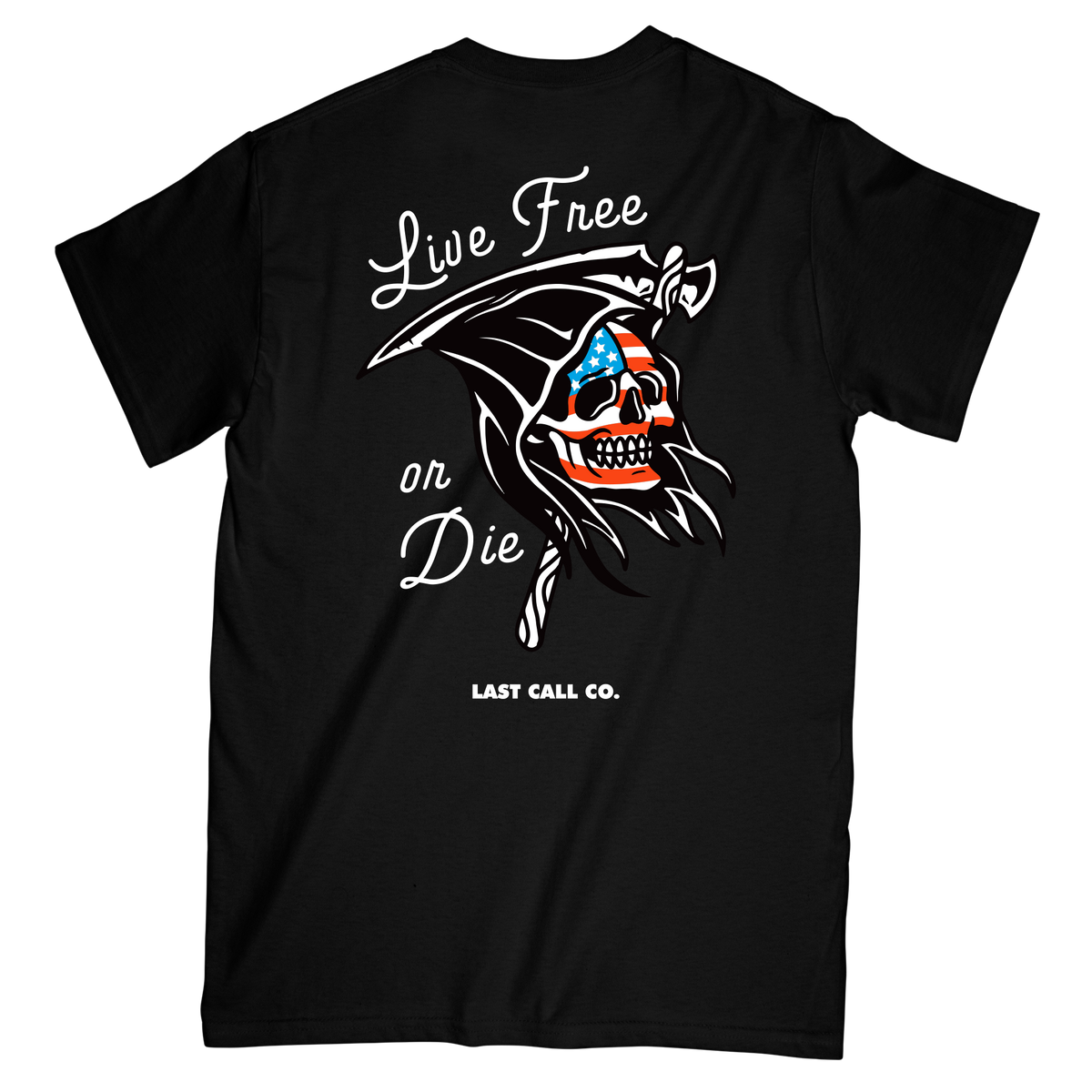 Last Call Co Live Free Graphic T-shirt in Black, back view with winged helmet skull and Live Free or Die artwork