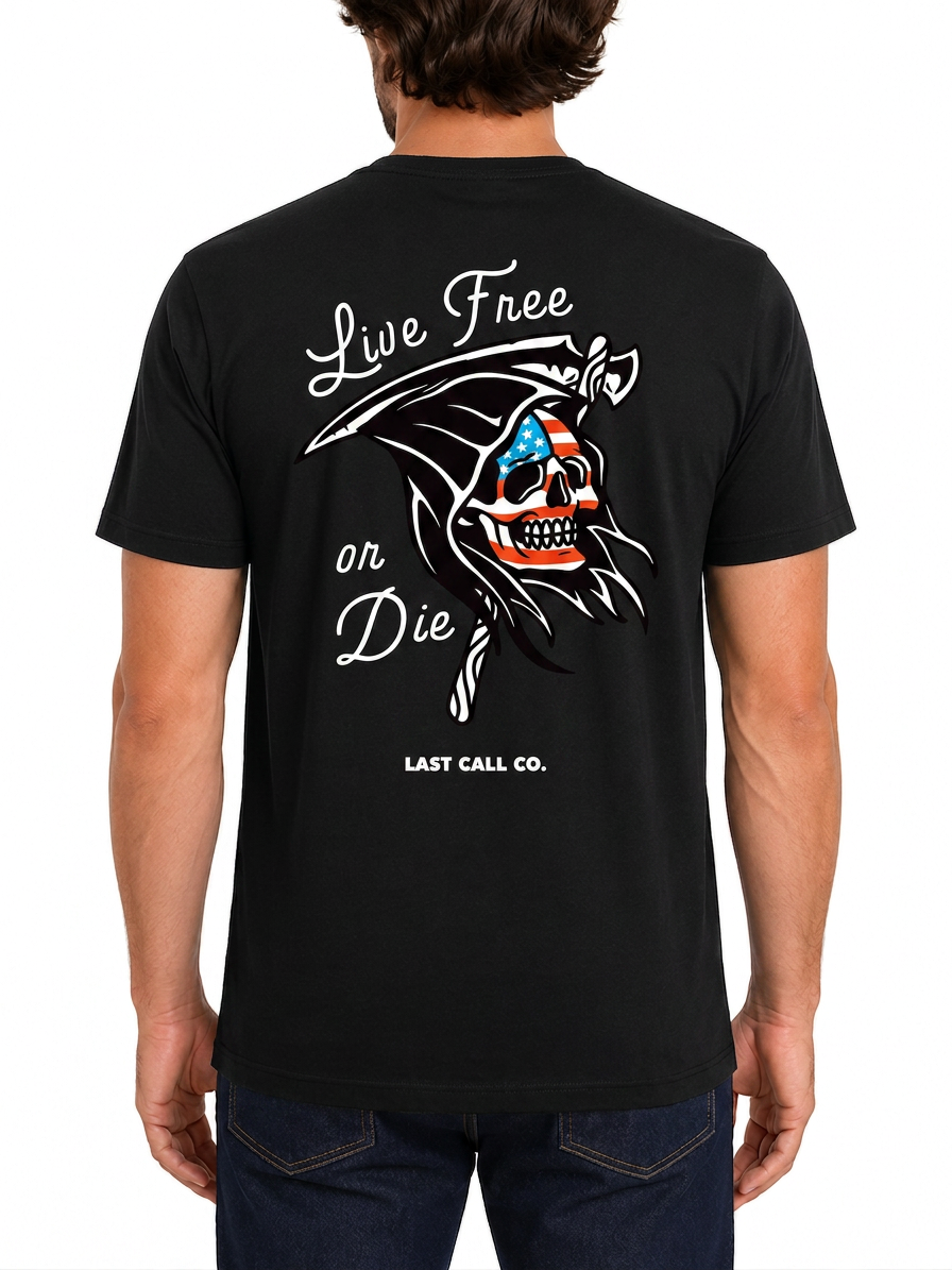 Last Call Co Live Free Graphic T-Shirt Black featuring winged skull motorcycle helmet back graphic with Live Free or Die design and front chest logo