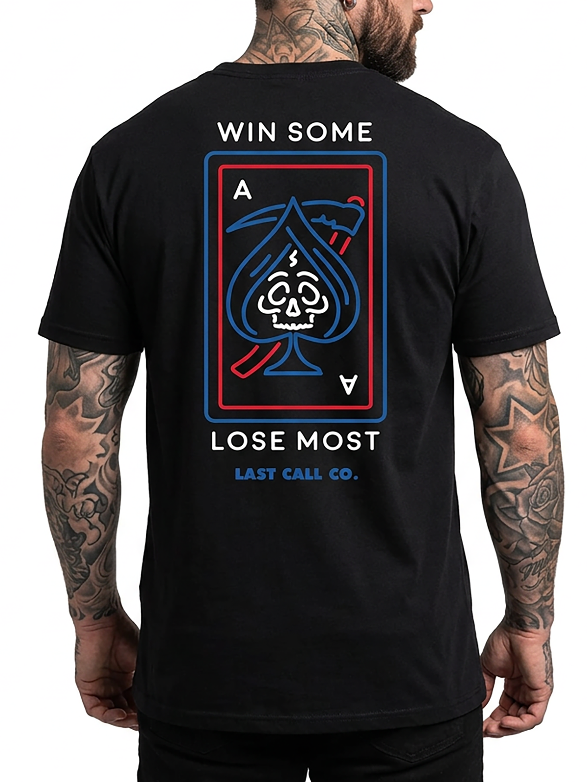 Last Call Co Lose Most Graphic T-Shirt Black on-model back view featuring skeletal hand rolling dice and You Win Some You Lose Most back graphic