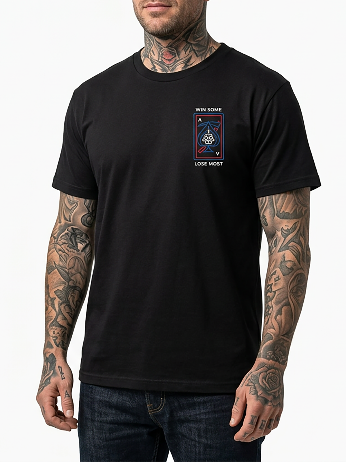 Last Call Co Lose Most Graphic T-Shirt Black on-model front view showing the chest graphic