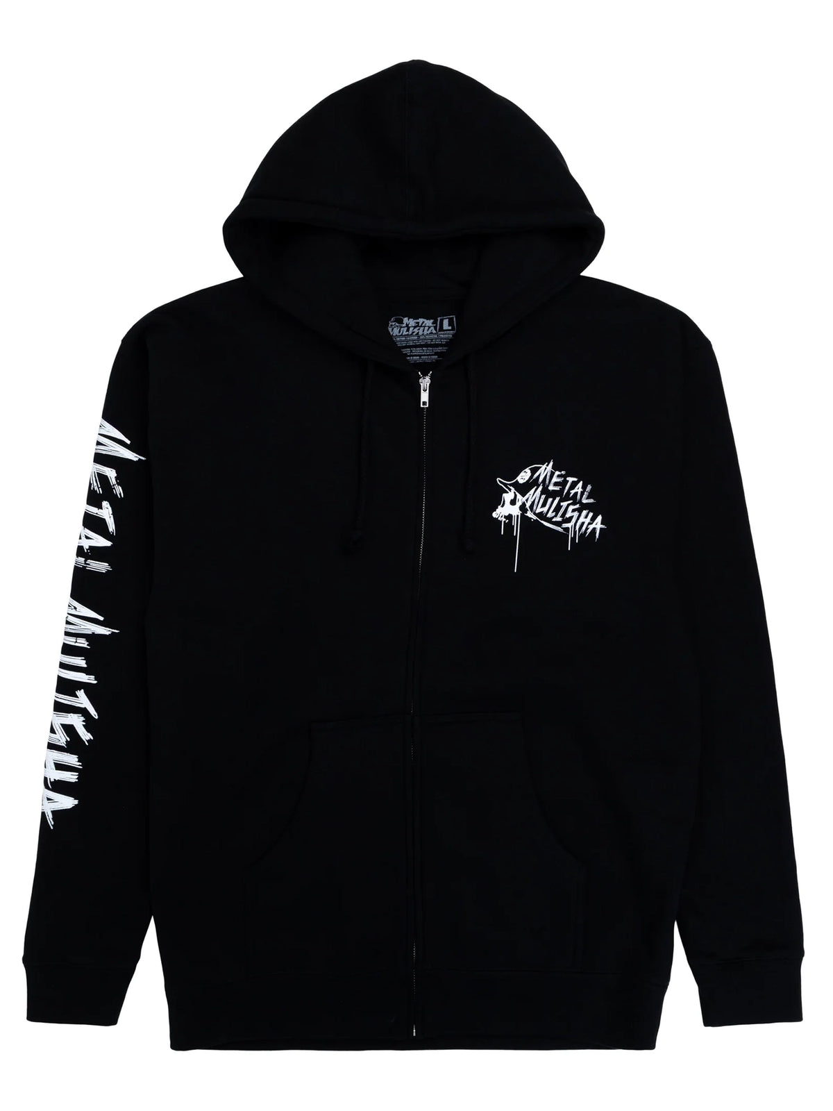 Metal Mulisha Lost Flag black zip hoodie, front view with a small white chest logo and white sleeve lettering