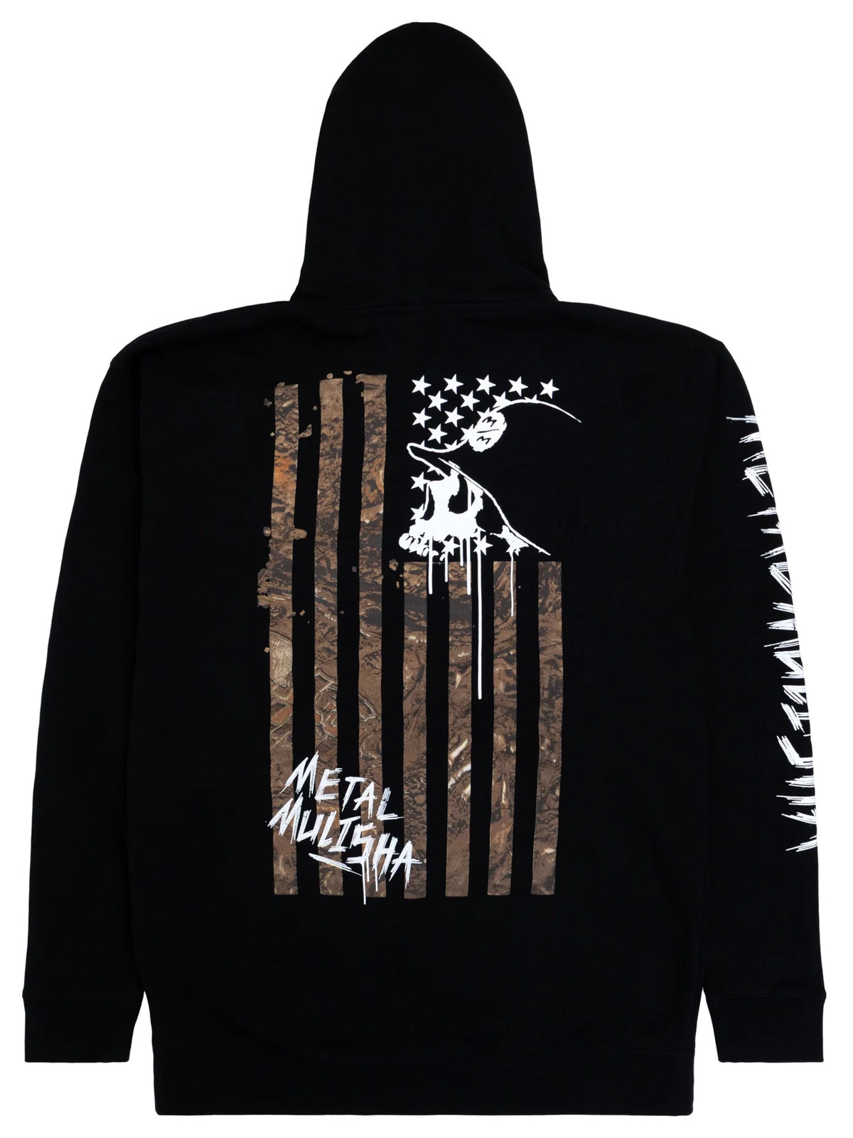 Metal Mulisha Lost Flag black zip hoodie, hood-up back view with camo-toned flag stripes and a white helmet skull