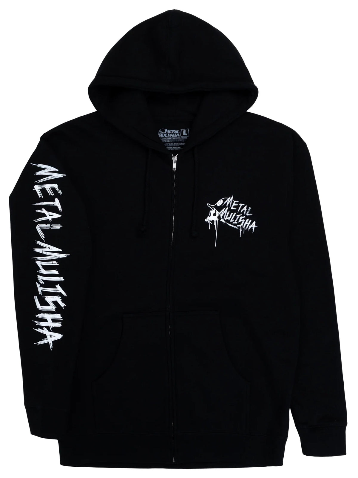 Metal Mulisha Lost Flag black zip hoodie, angled front view showing white Metal Mulisha lettering down the sleeve