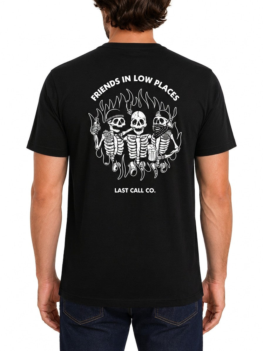 Last Call Co Low Places Graphic T-Shirt Black featuring skeleton friends back graphic with Friends in Low Places design and front chest logo