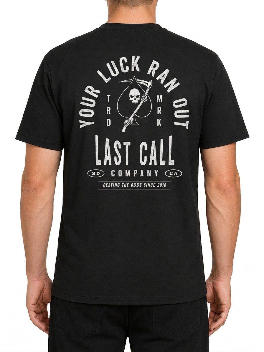 Last Call Co Luck Badge Graphic T-Shirt Black featuring Your Luck Ran Out vintage badge back graphic with front chest logo