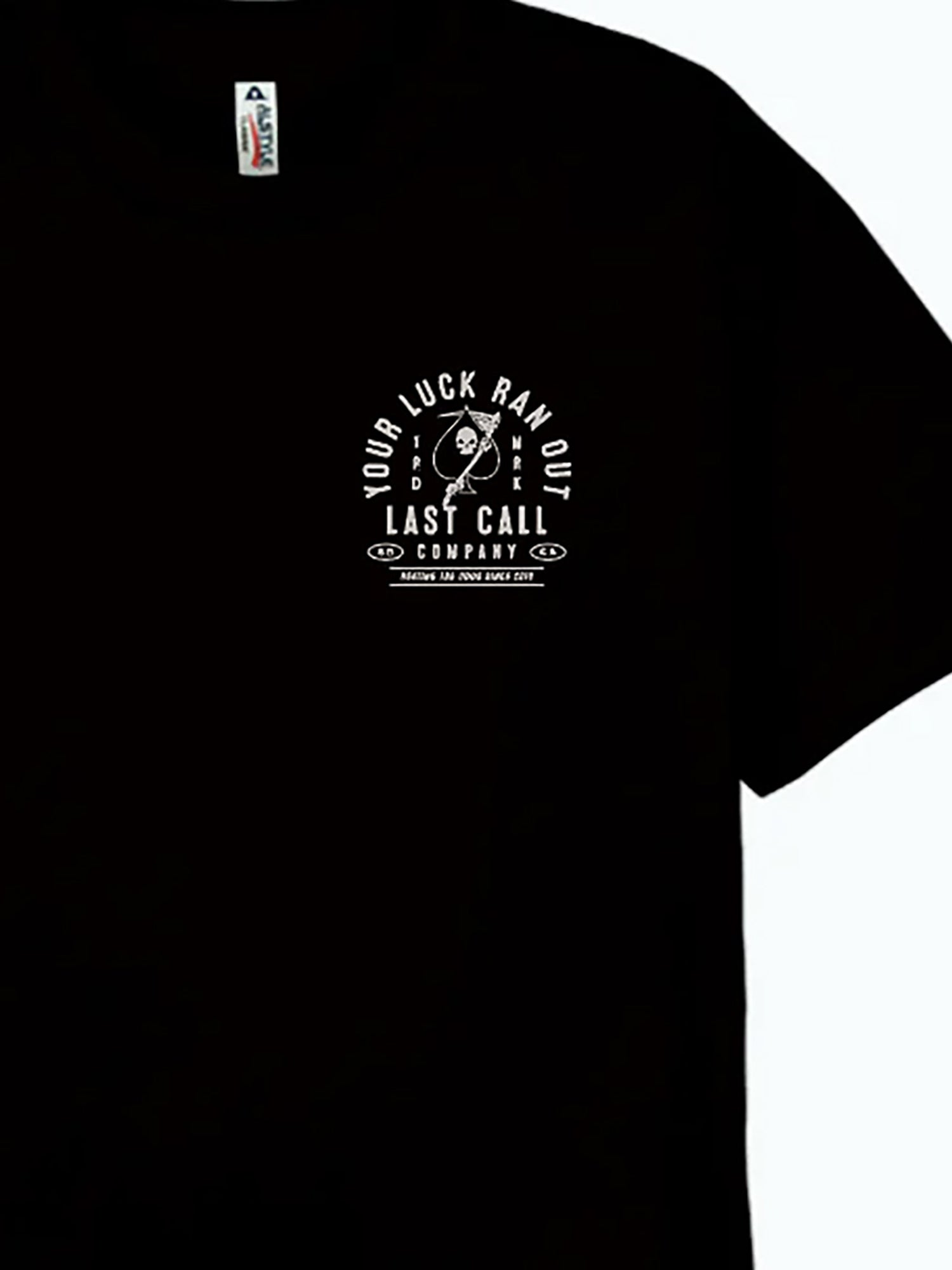 Last Call Co Luck Badge Graphic T-shirt Black close-up front chest graphic detail