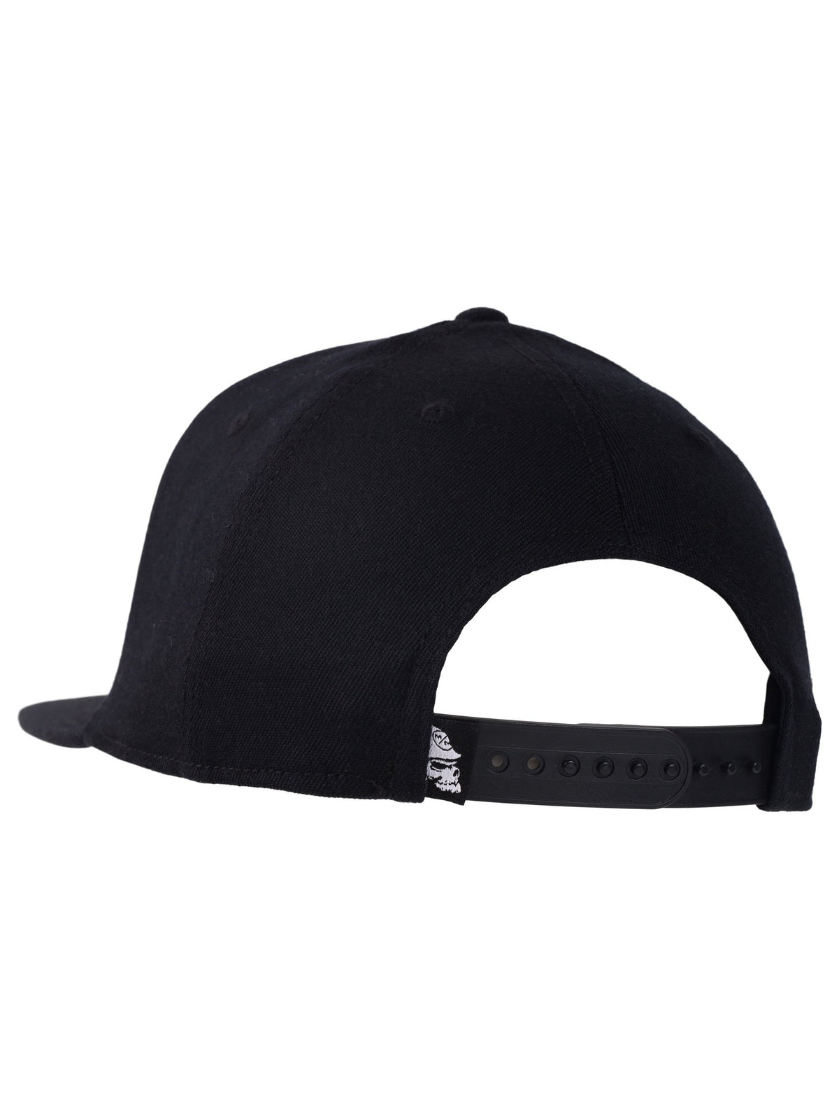 Metal Mulisha Intricate Snapback Hat, close view of black crown and white embroidered design