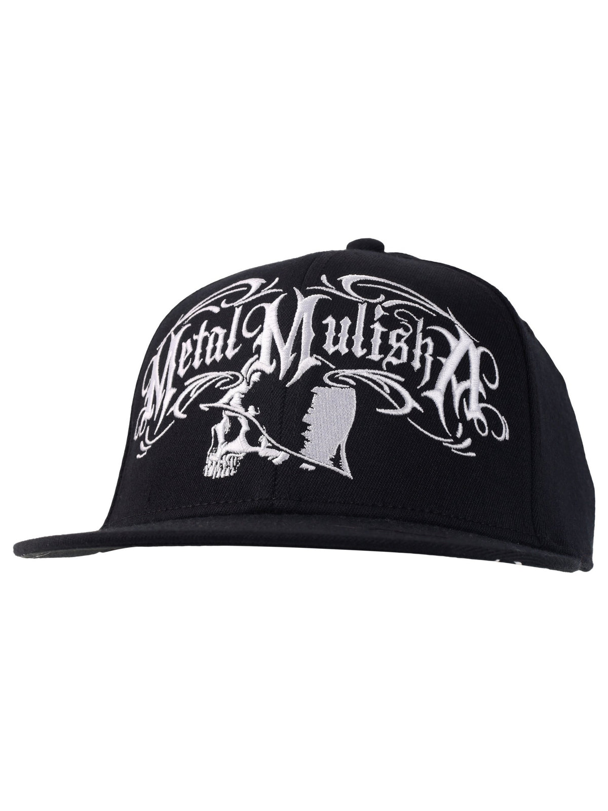 Metal Mulisha Intricate Snapback Hat in black with white embroidered logo, front view