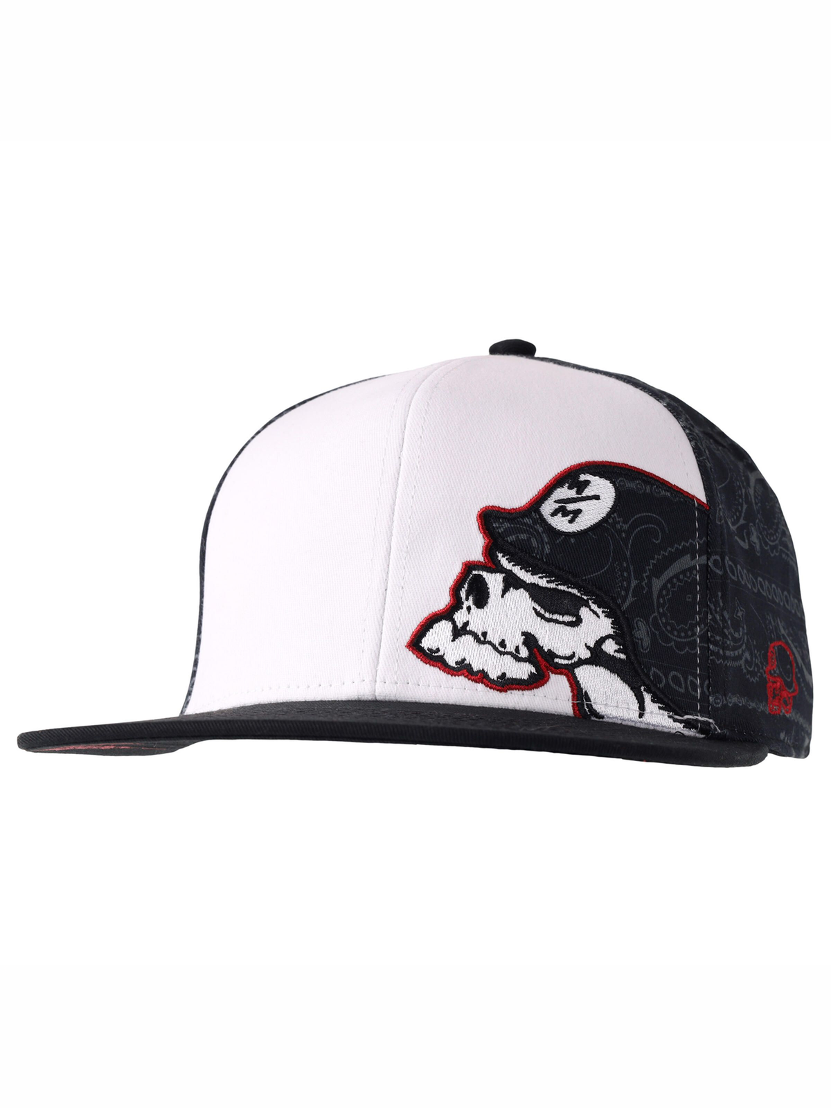 Metal Mulisha Lookout 3 Paisley Flex Hat in Black, angled view with white front panels, paisley helmet logo and red embroidery