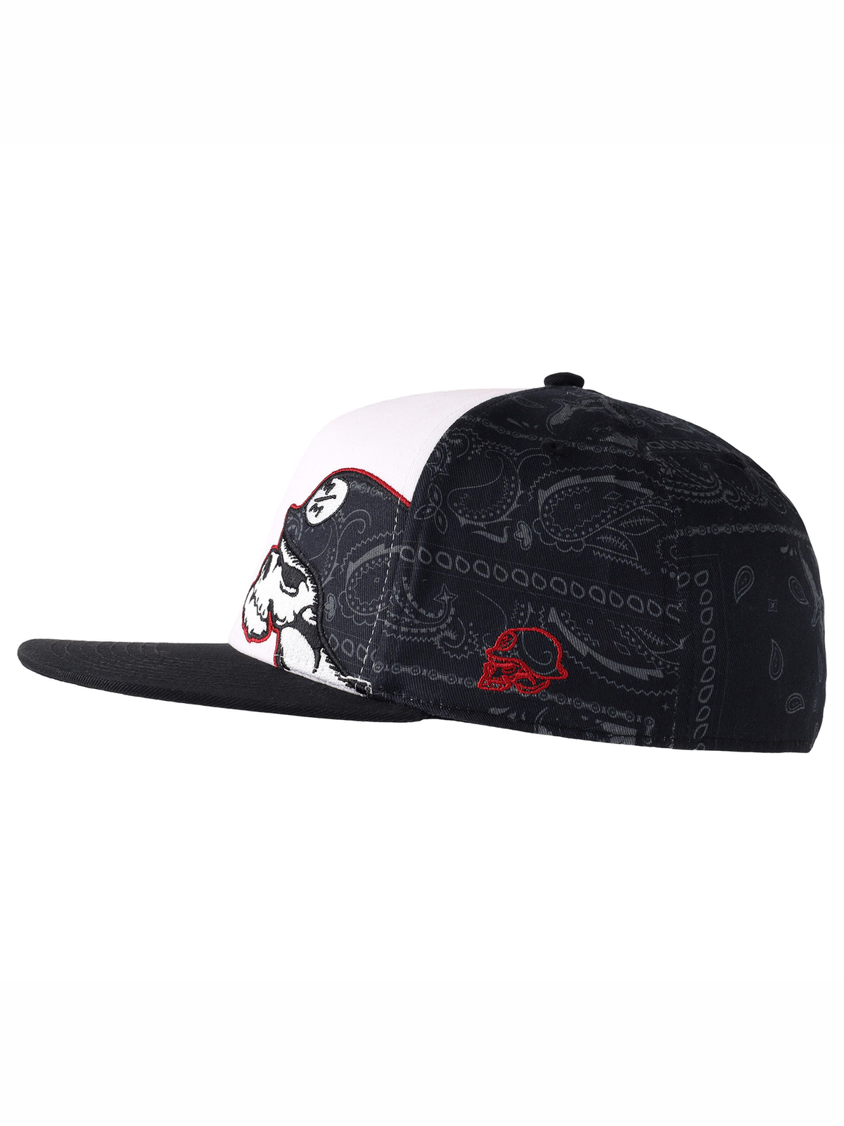 Metal Mulisha Lookout 3 Paisley Flex Hat side view showing black paisley panels and red helmet embroidery