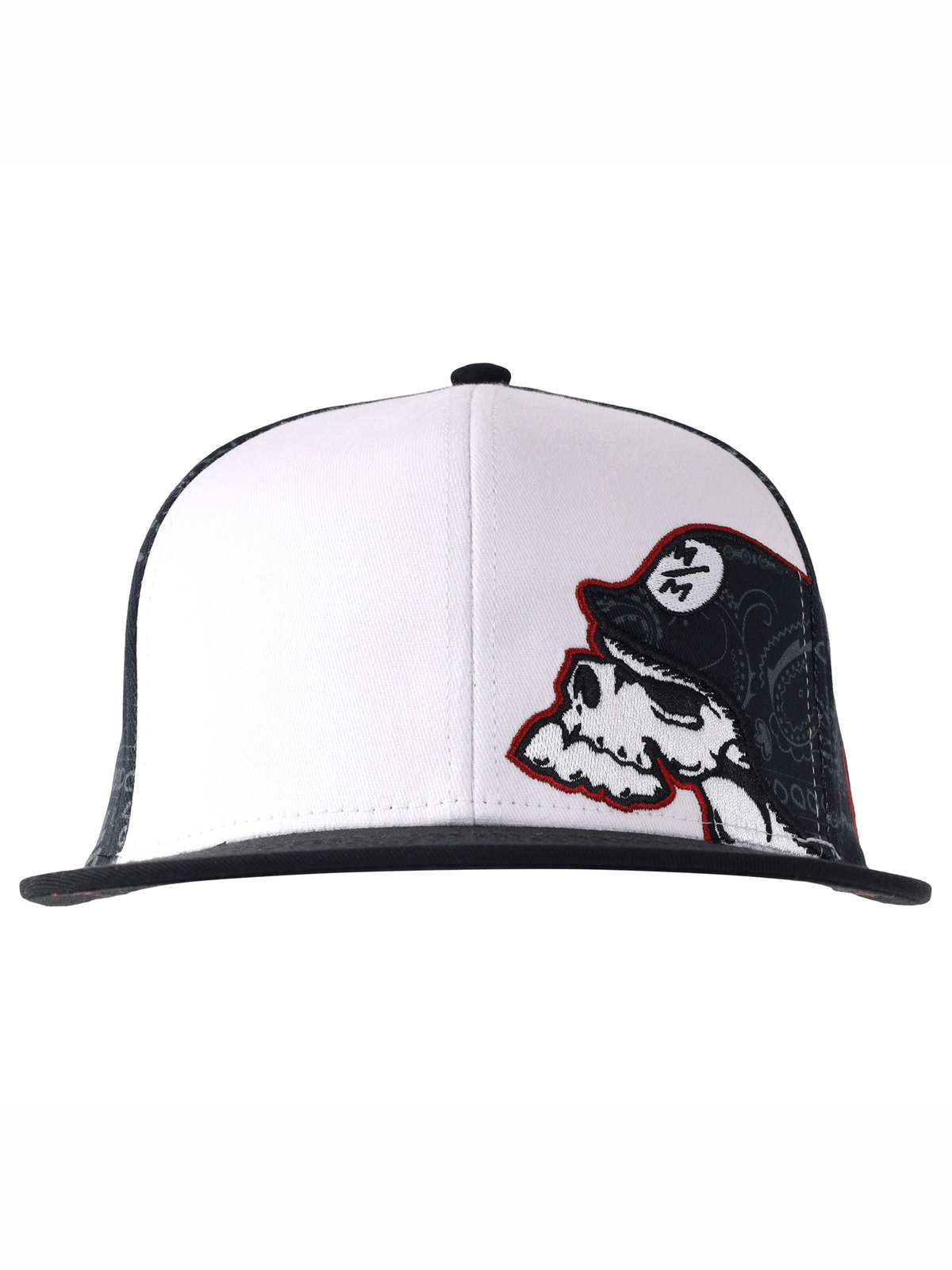 Metal Mulisha Lookout 3 Paisley Flex Hat front view with white panels, black bill and red-outlined helmet skull logo