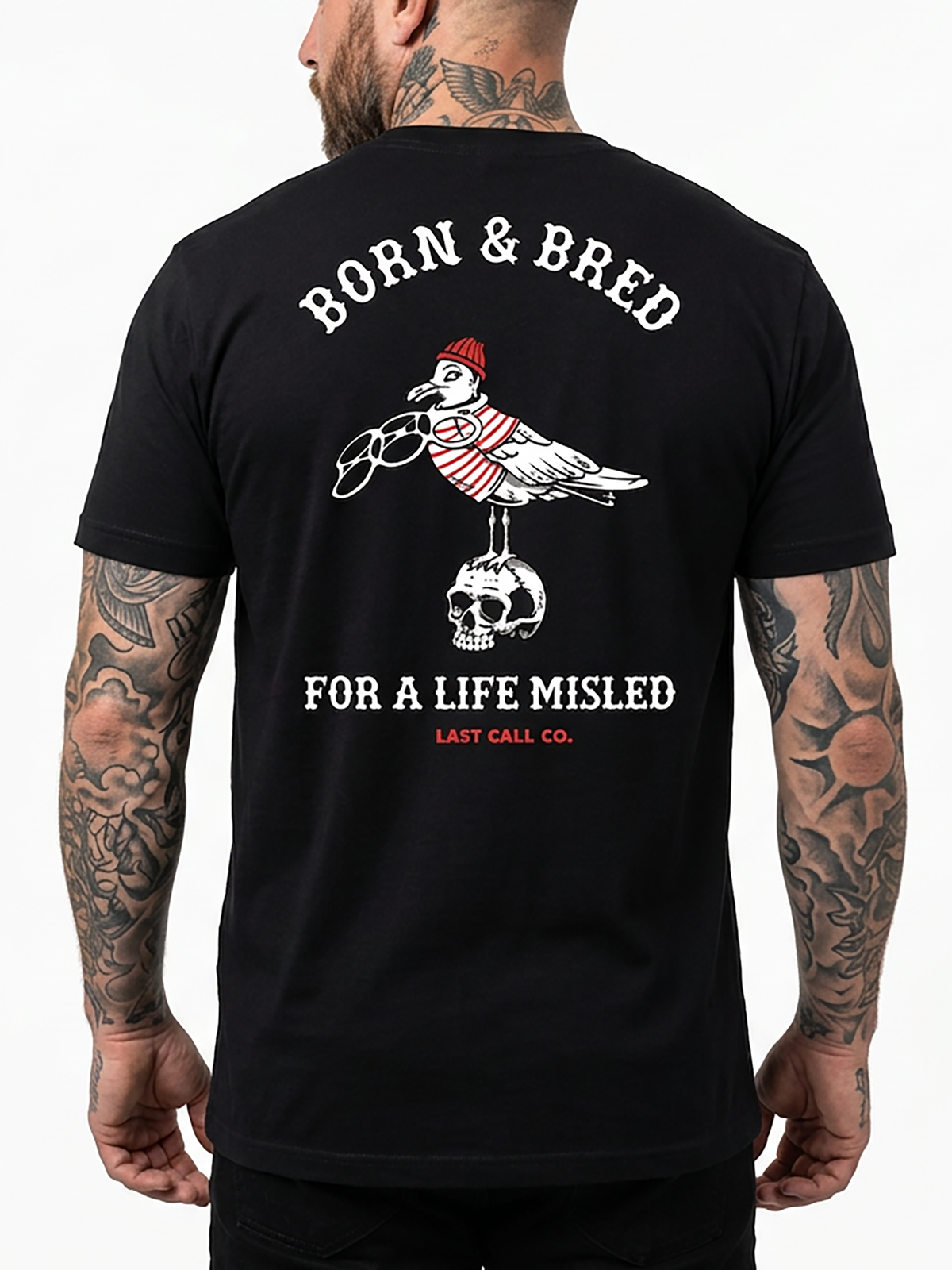Last Call Co Misled Graphic T-Shirt Black on-model back view featuring devil woman and Misled by the Devil back graphic