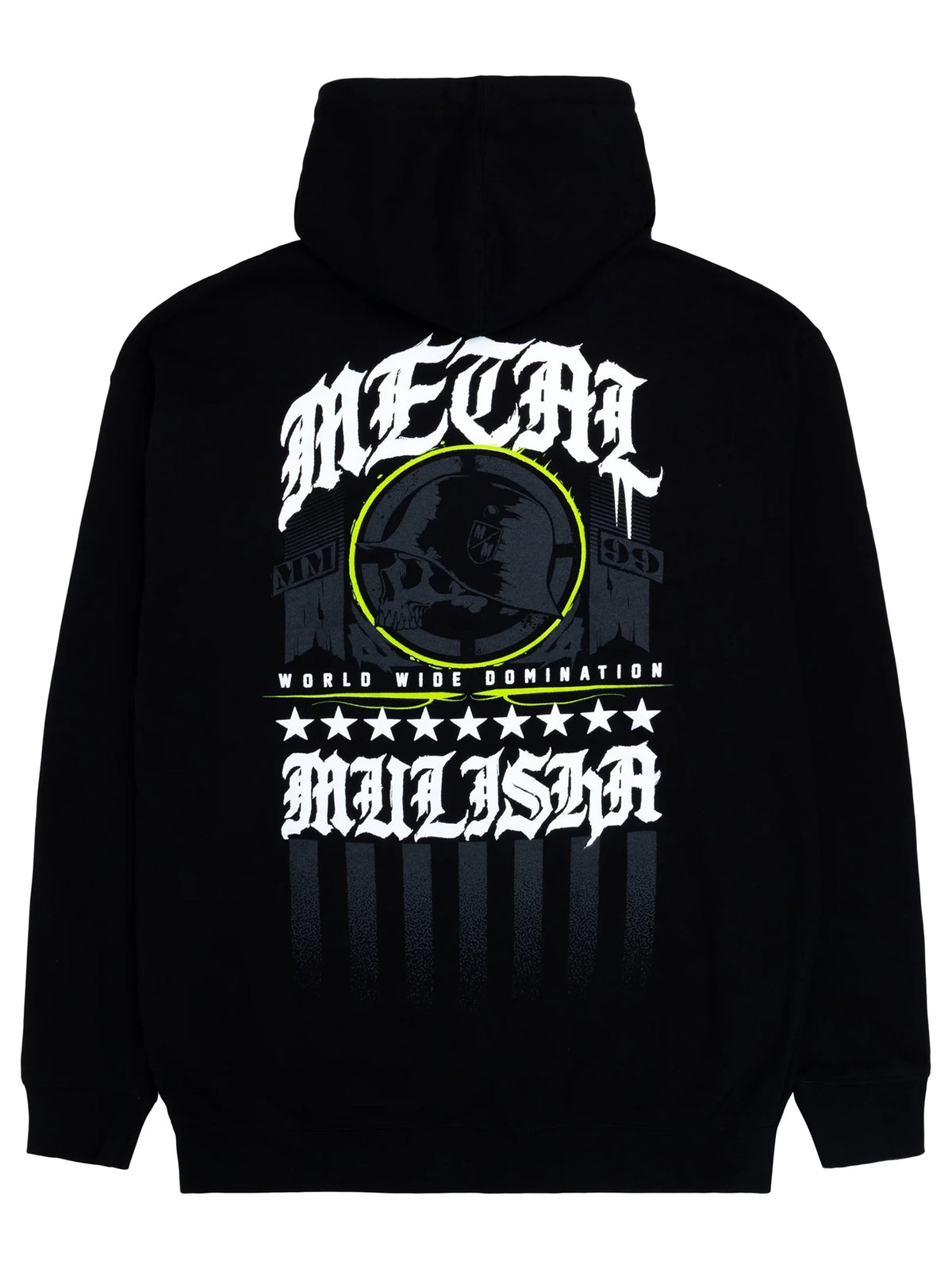 Metal Mulisha Mulisha Elect black pullover hoodie, back view with white lettering, green skull artwork and a row of stars