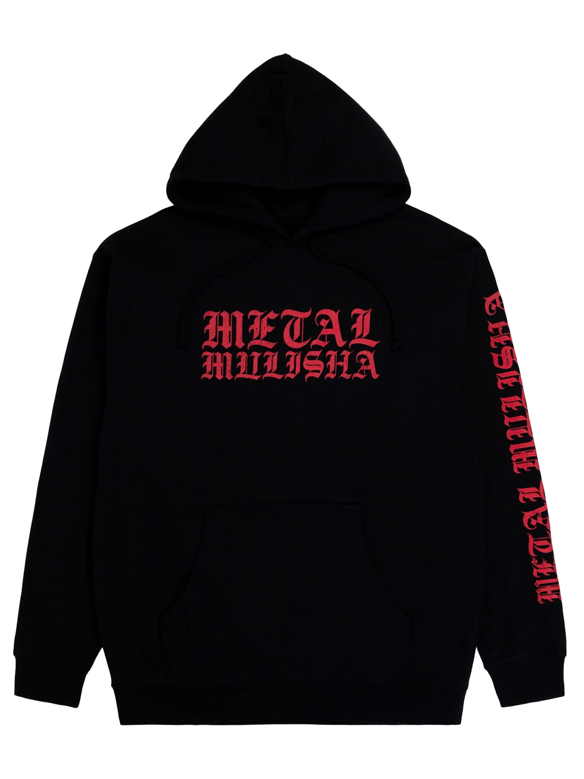 Metal Mulisha Neurotoxic black pullover hoodie, front view with red Old English chest lettering