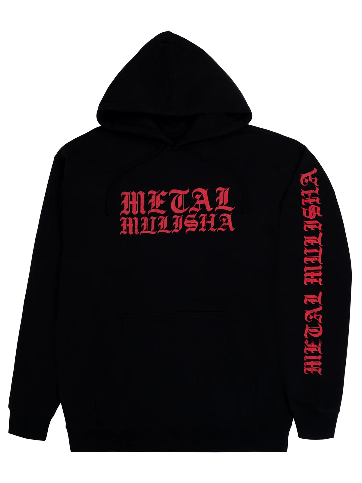 Metal Mulisha Neurotoxic black pullover hoodie, angled front view showing red Old English lettering on the chest and left sleeve